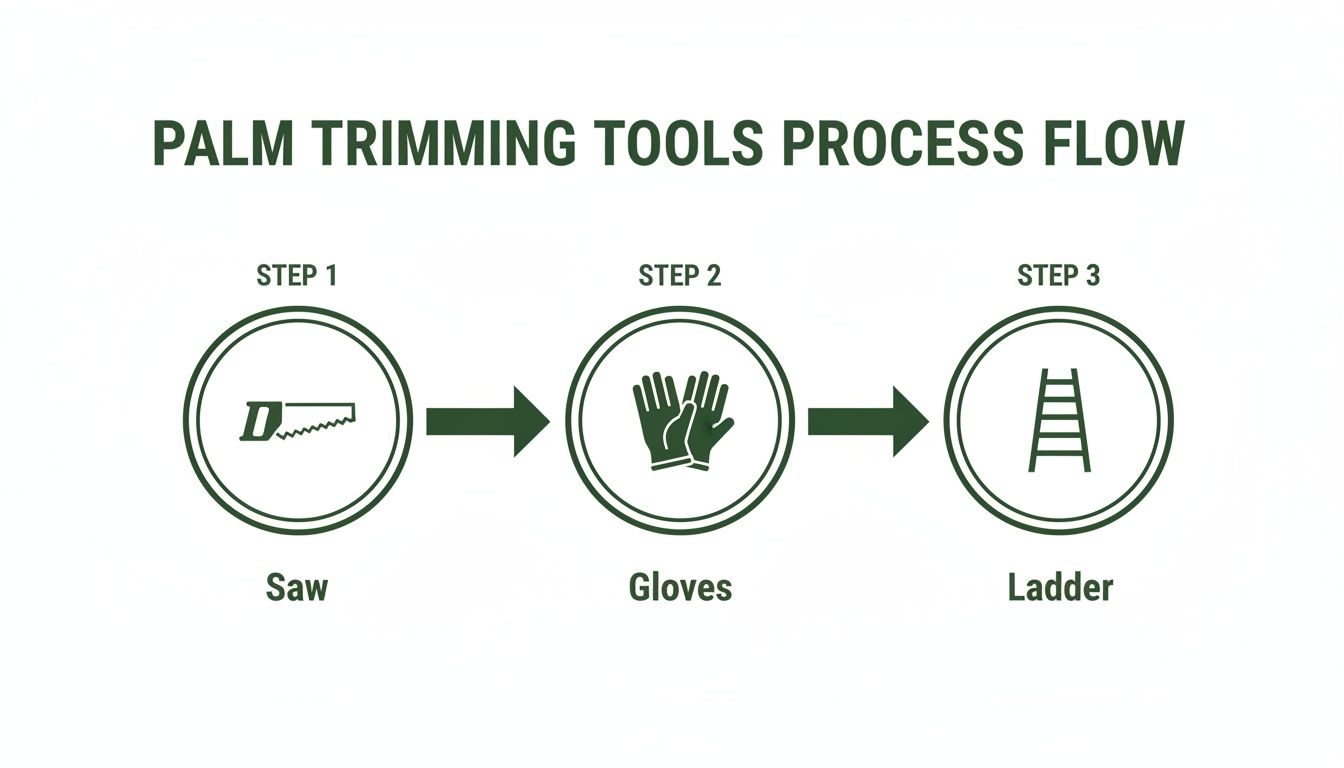 Flowchart illustrating the palm trimming tools process, including a saw, gloves, and a ladder.