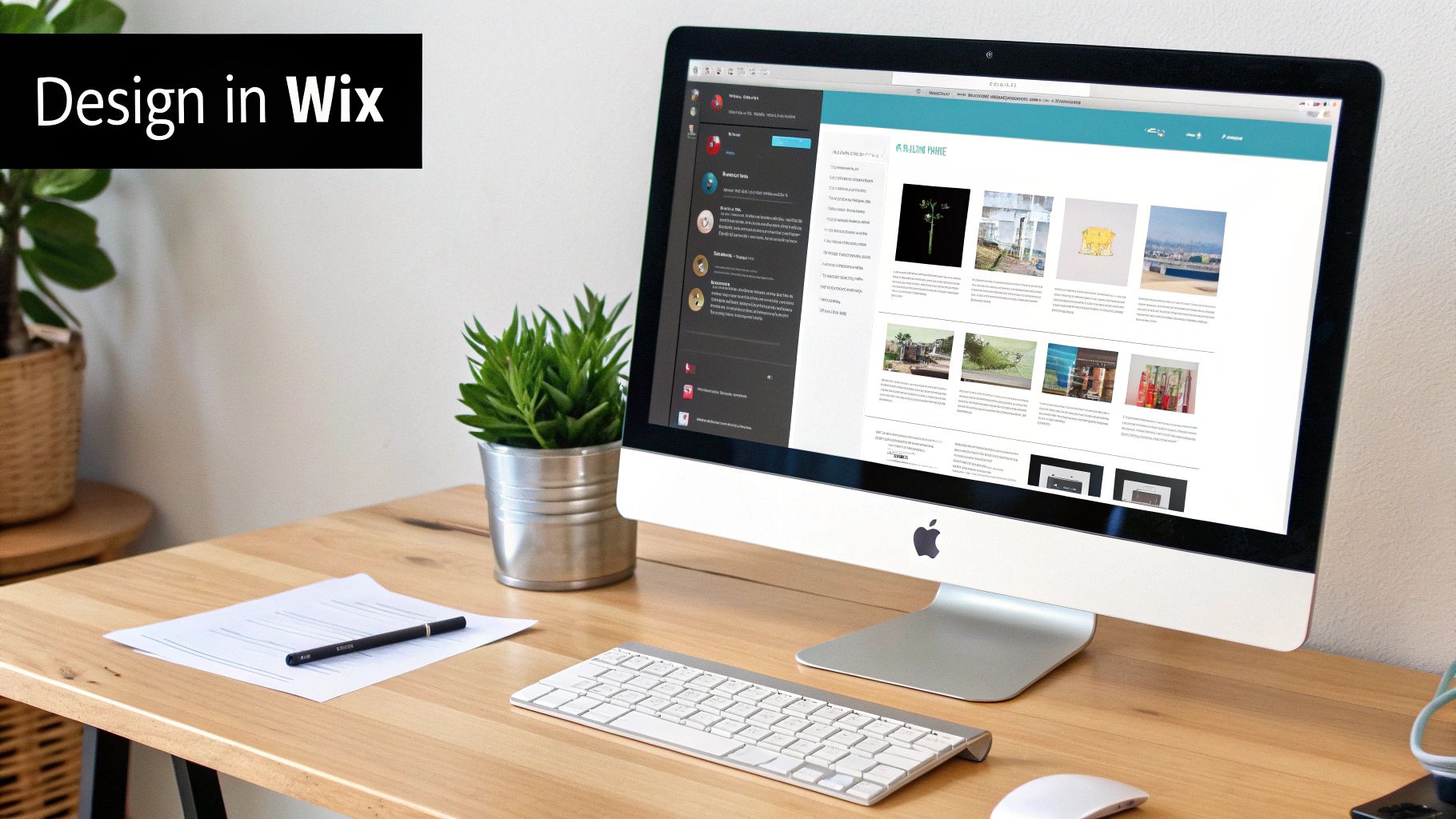 A desktop with a website design displayed, potted plant, paper, and pen on a wooden desk. Text reads "Design in Wix." Light, modern setting.