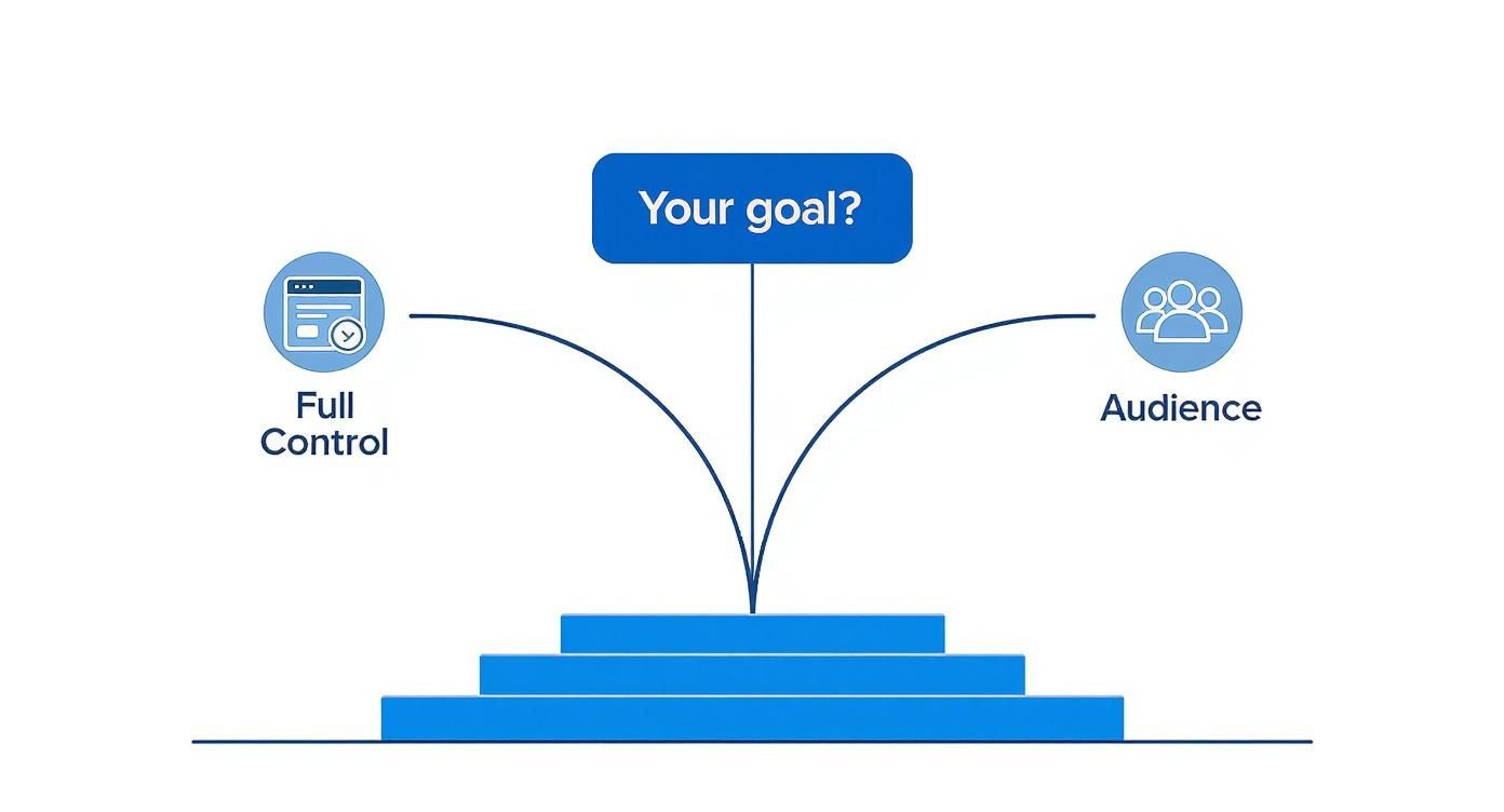 Infographic decision tree for choosing where to sell artwork online, asking about the artist's goal of 'Full Control' vs 'Audience'.