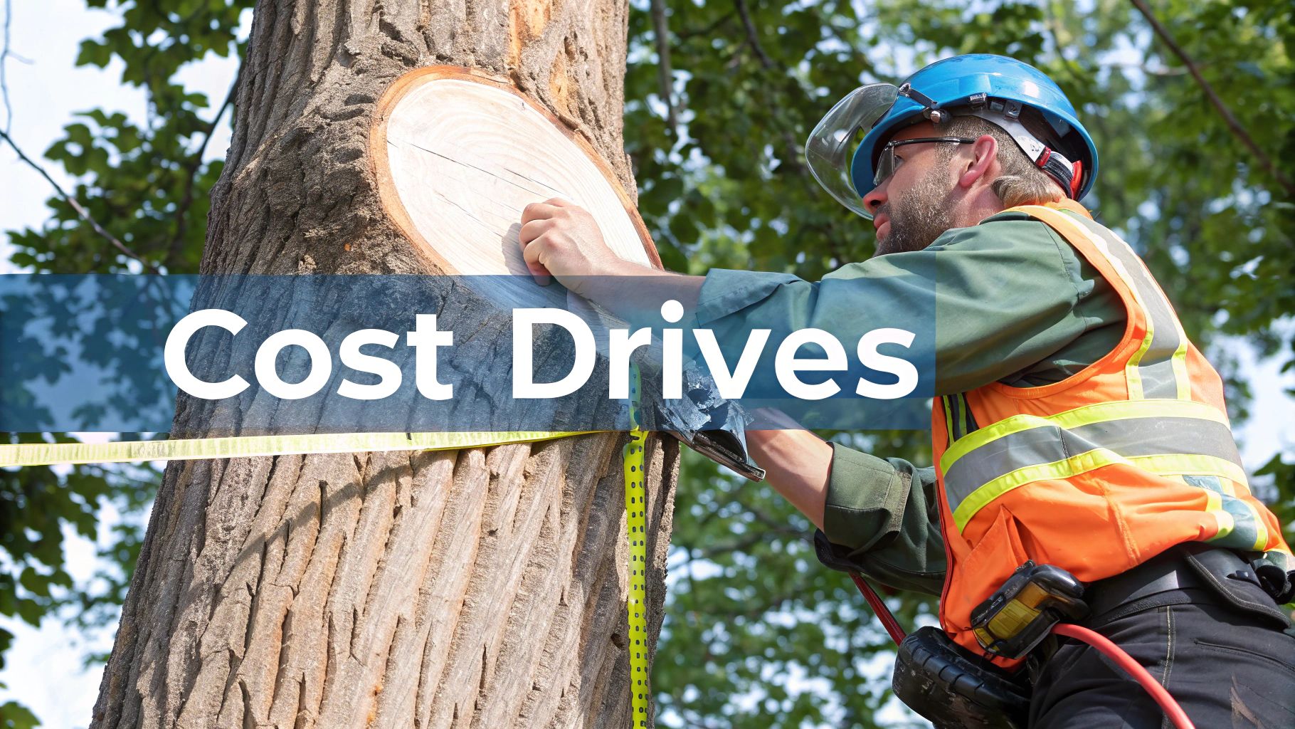 A worker in orange safety gear measures a tree with a tape. The text "Cost Drives" overlays the scene. Background shows green leaves.