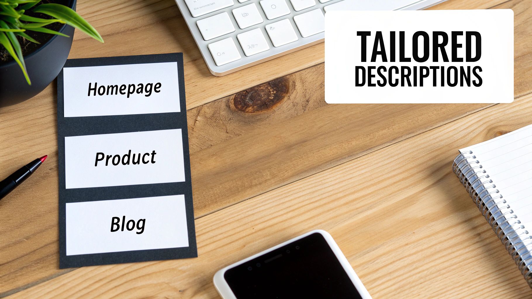 A desktop flat lay showing cards for Homepage, Product, Blog, and Tailored Descriptions.