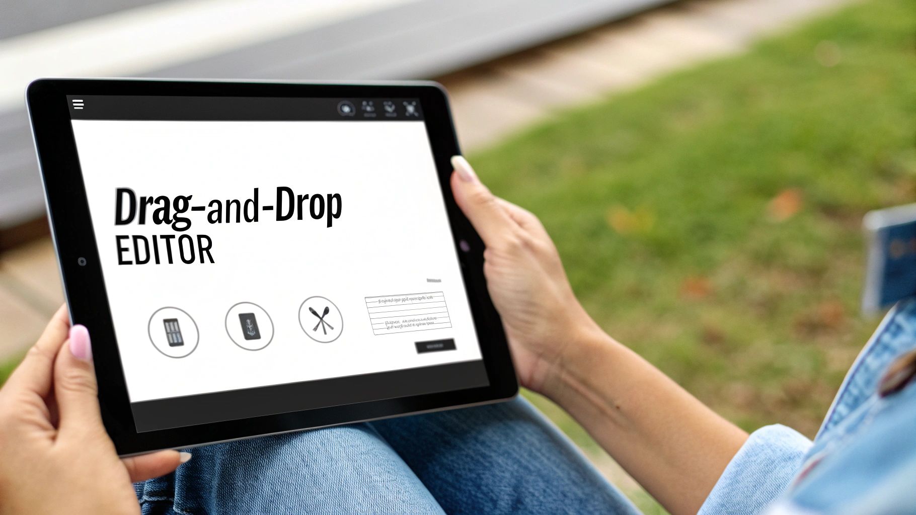 A close-up of a person holding a tablet with a "Drag-and-Drop EDITOR" interface outdoors.