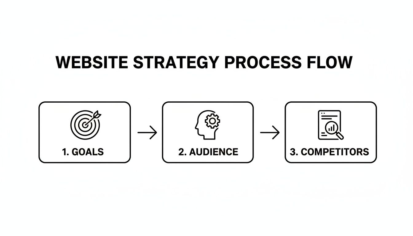 A diagram illustrating the website strategy process flow: Goals, Audience, and Competitors steps.