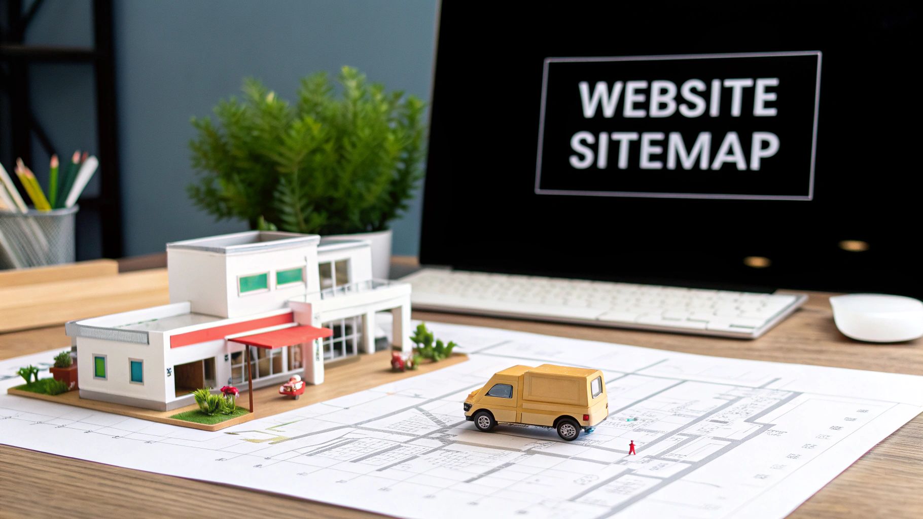 A desk with miniature building models, a delivery van on a blueprint, and a laptop showing 'WEBSITE SITEMAP'.