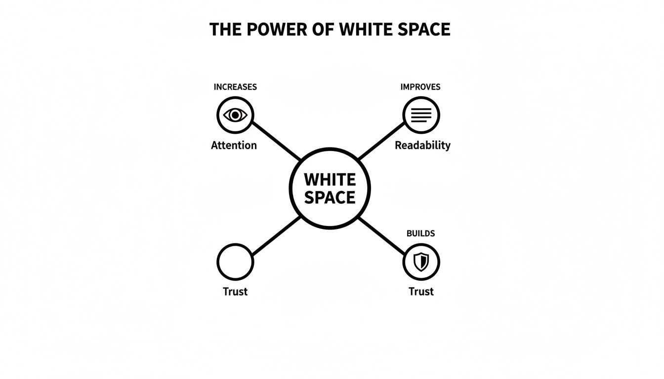 Diagram illustrating how white space increases attention, improves readability, and builds trust.