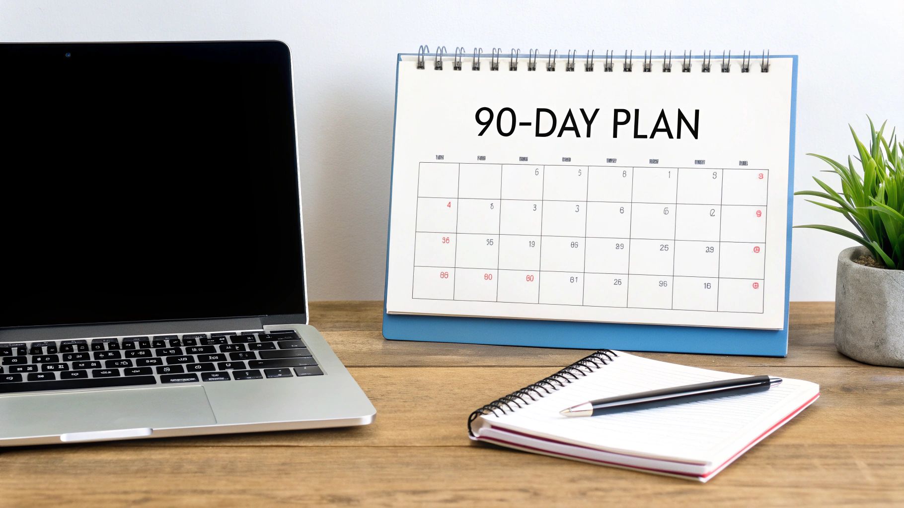 Laptop, calendar titled "90-DAY PLAN," notebook, and pen on wooden desk. Potted plant in the background creates a focused workspace.