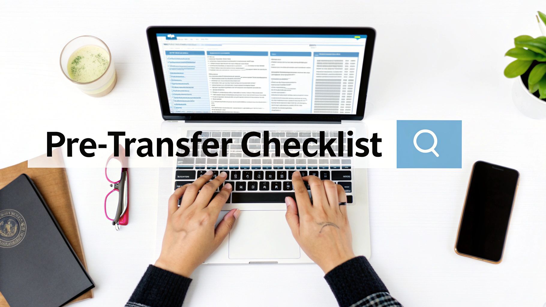 Person typing on laptop showing 'Pre-Transfer Checklist' with office items on a white desk.