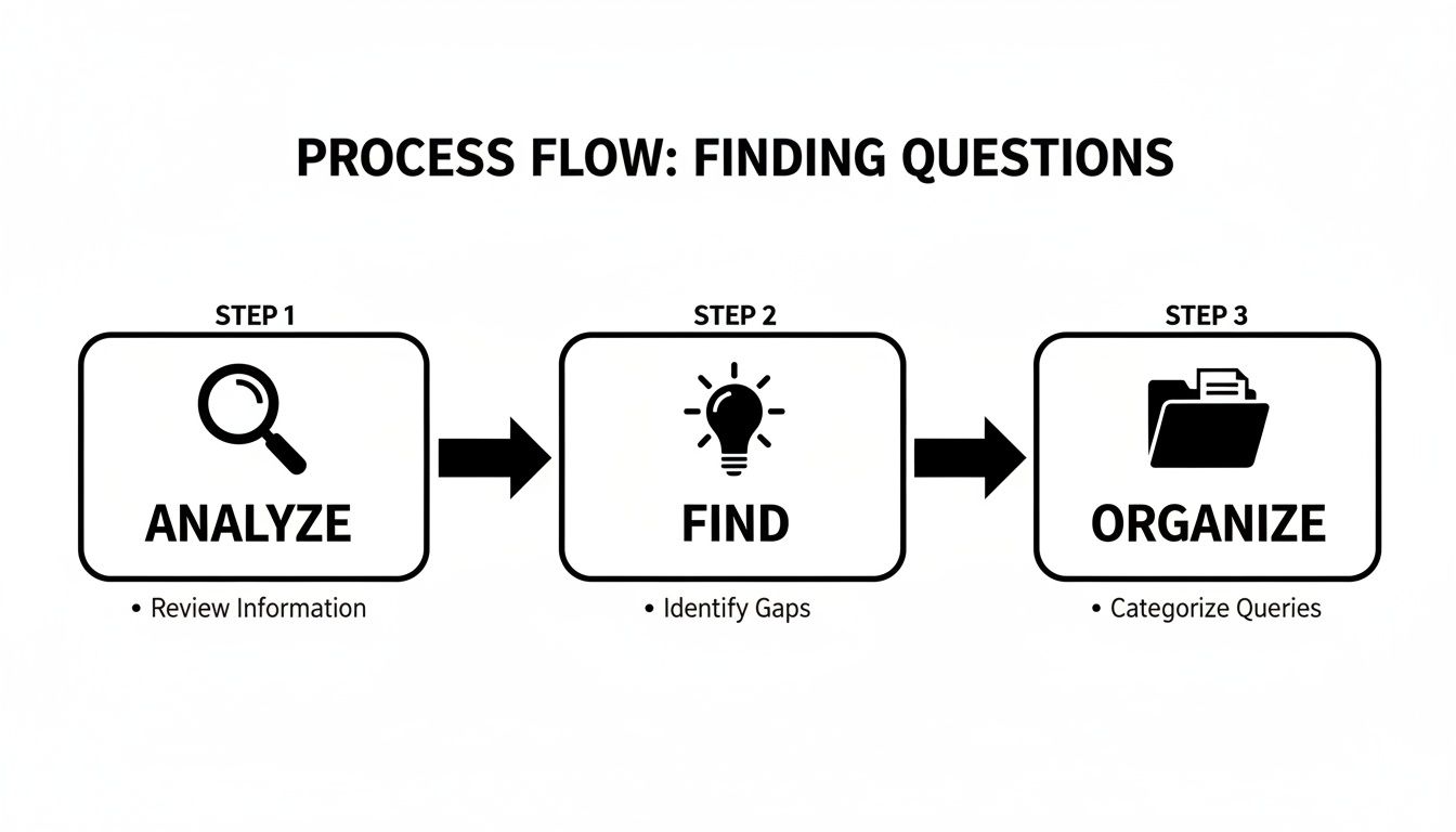 A clear process flow diagram outlining three steps for finding questions: Analyze, Find, Organize.