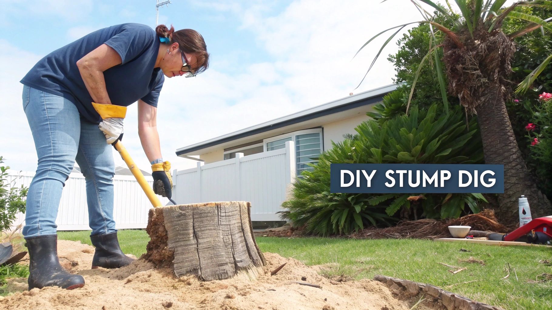A woman wearing gloves and boots digs a tree stump with a shovel in a sunny backyard.
