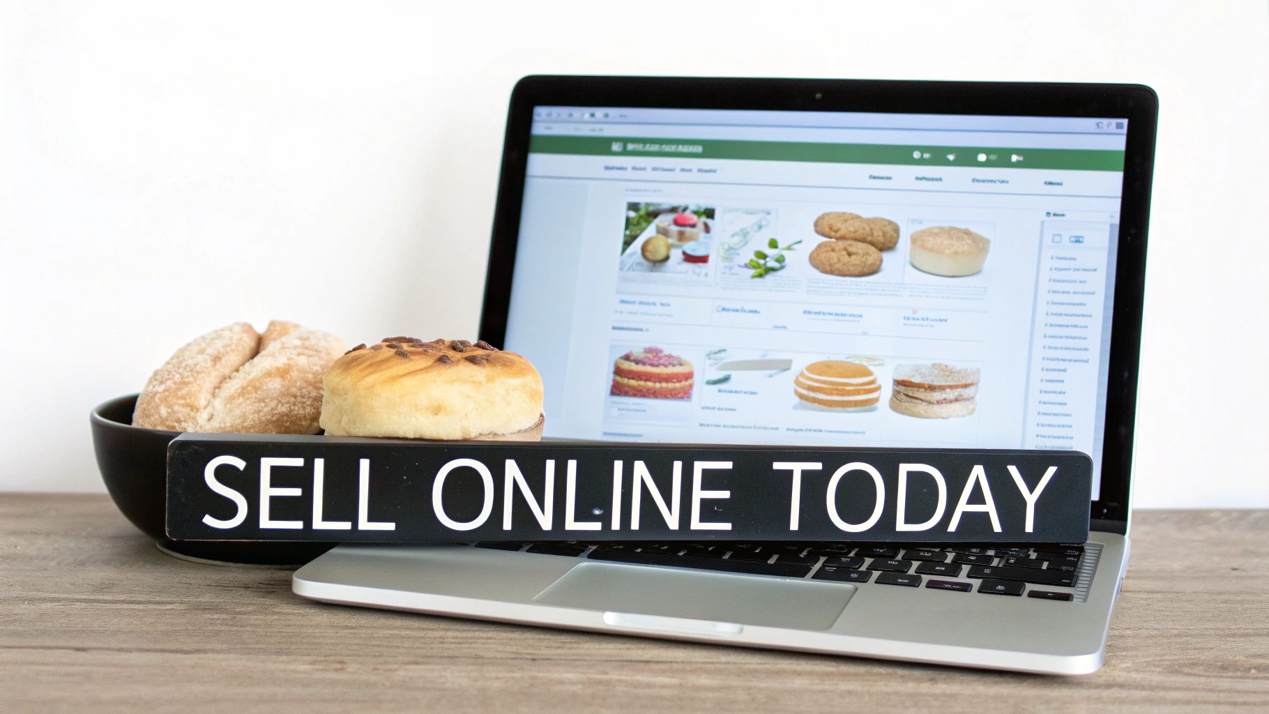 Laptop displaying an online store for baked goods, next to bread, with a 'SELL ONLINE TODAY' sign.