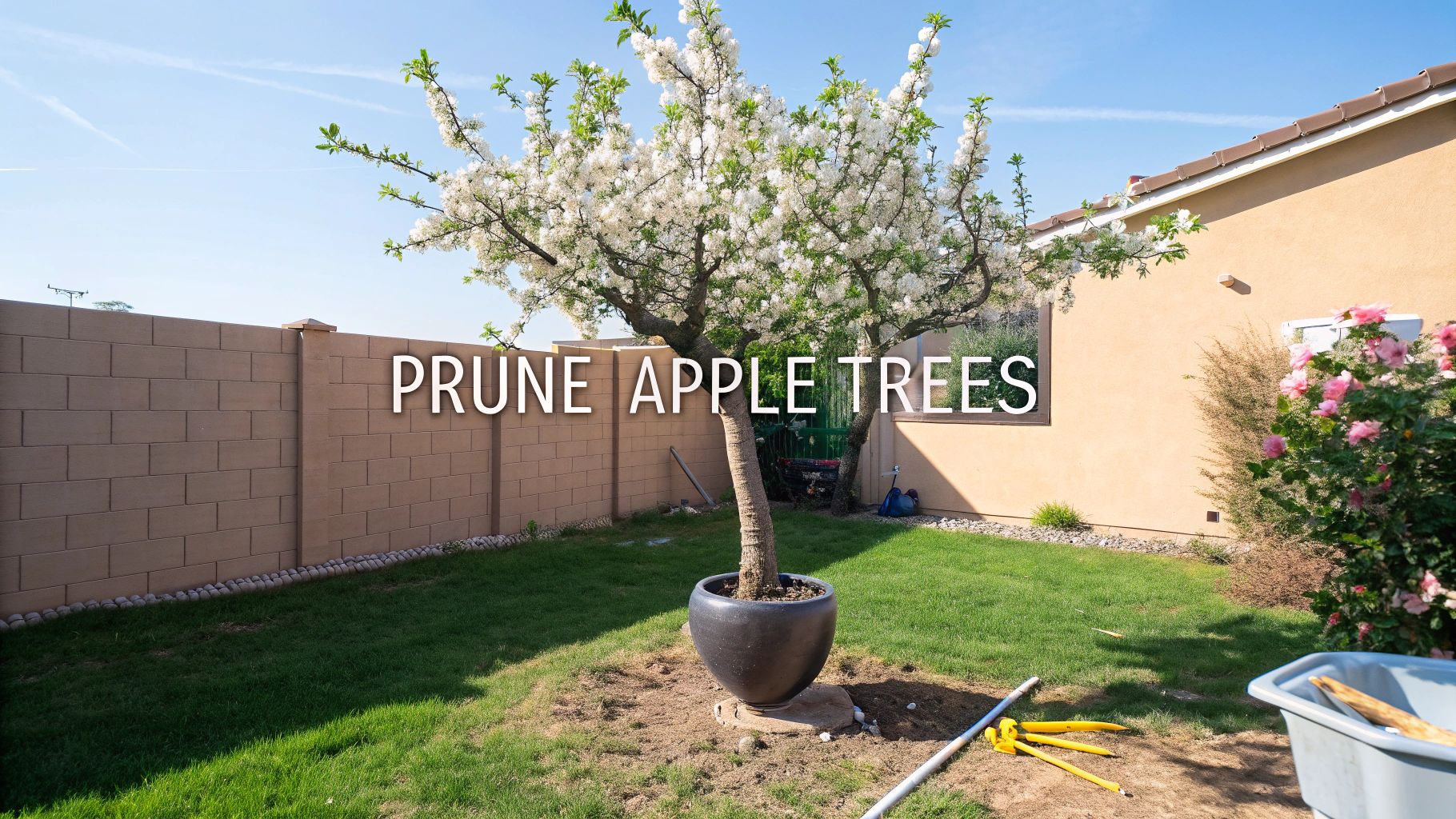 An apple tree in a pot in a backyard on a sunny day