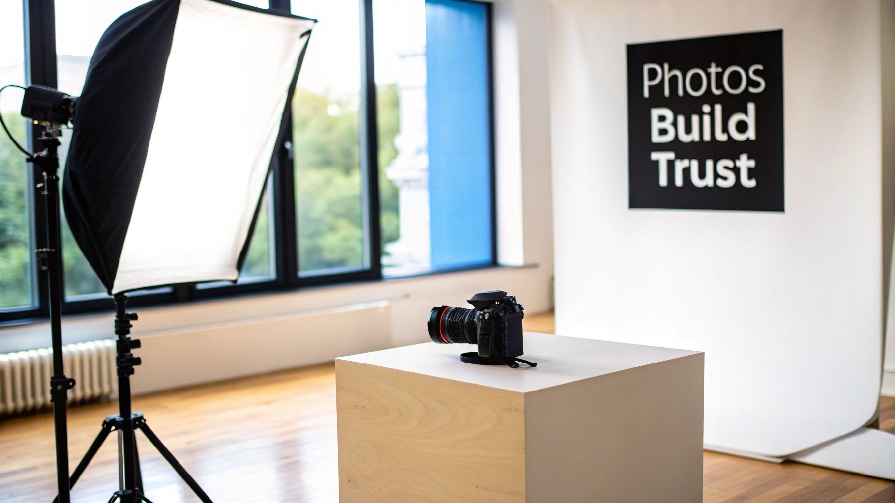 Professional photography studio setup with camera, softbox lighting, and Photos Build Trust sign on wall