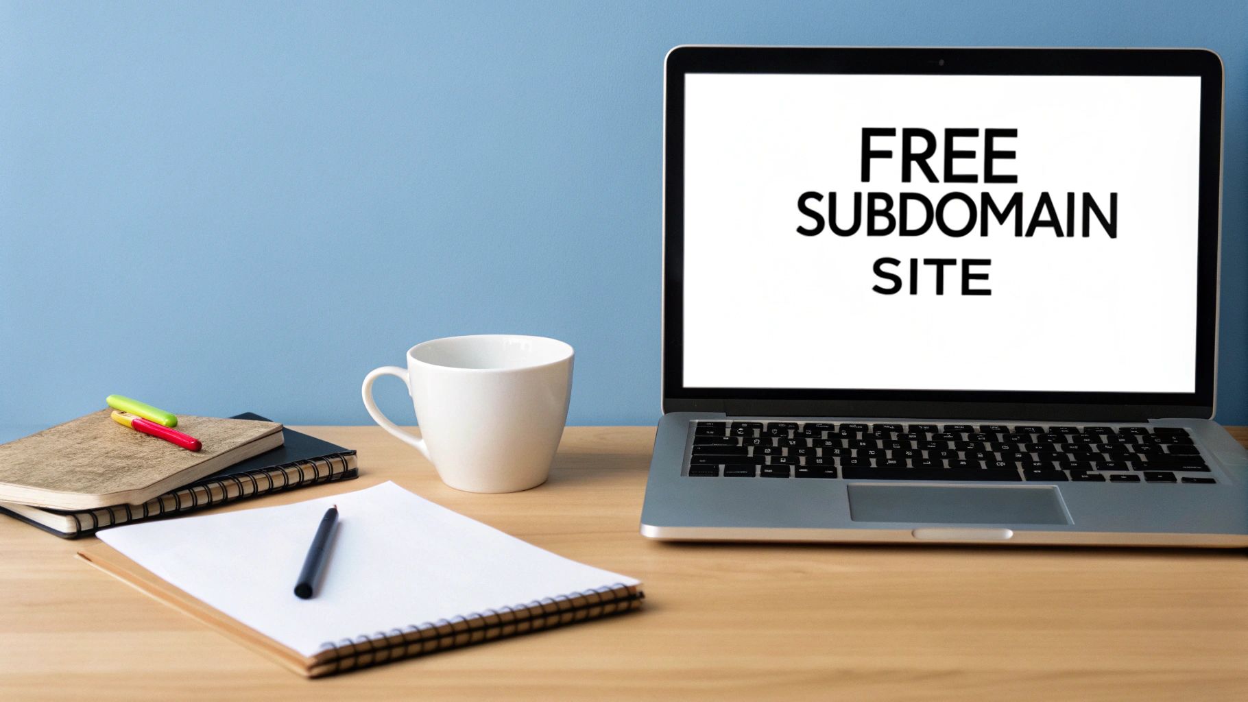 A laptop screen displays 'FREE SUBDOMAIN SITE' on a wooden desk with a coffee cup and notebooks.