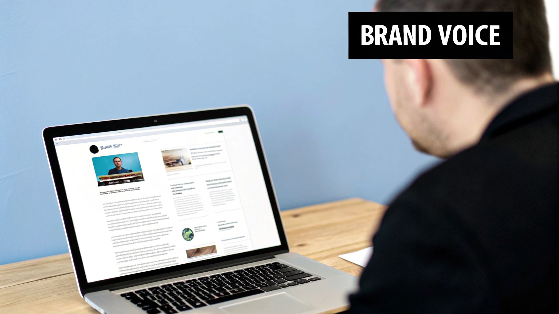 A person views a laptop displaying a website with an article about a man, next to 'BRAND VOICE' text.