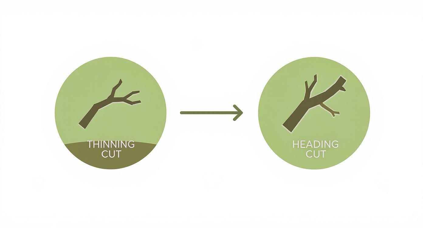 Infographic showing the difference between a thinning cut at the branch base and a heading cut at the branch tip for fig tree pruning.