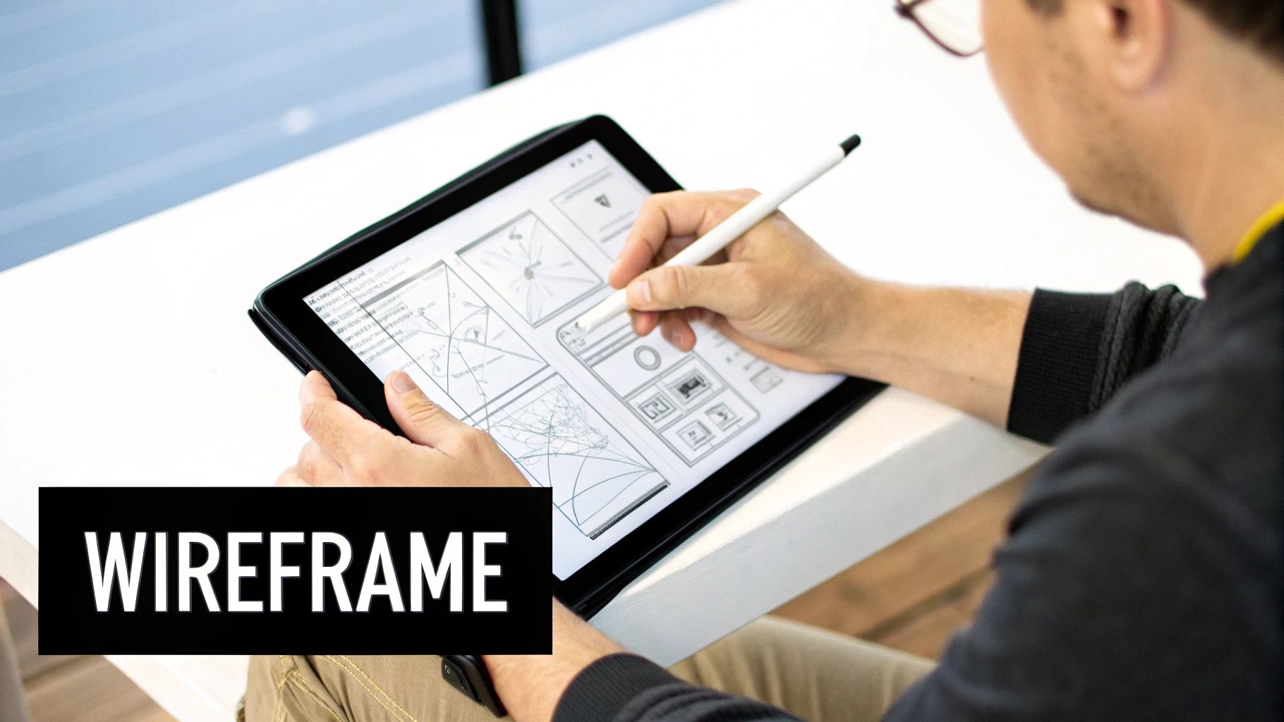 Person drawing a wireframe on a tablet with a stylus. "WIREFRAME" text visible. Background shows a white table and pale blue wall.