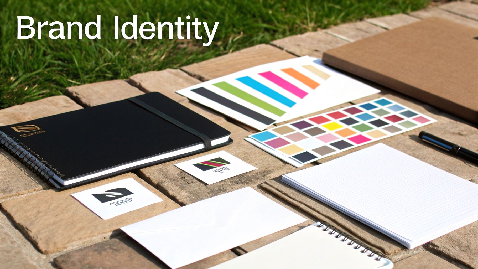 A flat lay of brand identity materials including notebooks, color swatches, and cards on stone.
