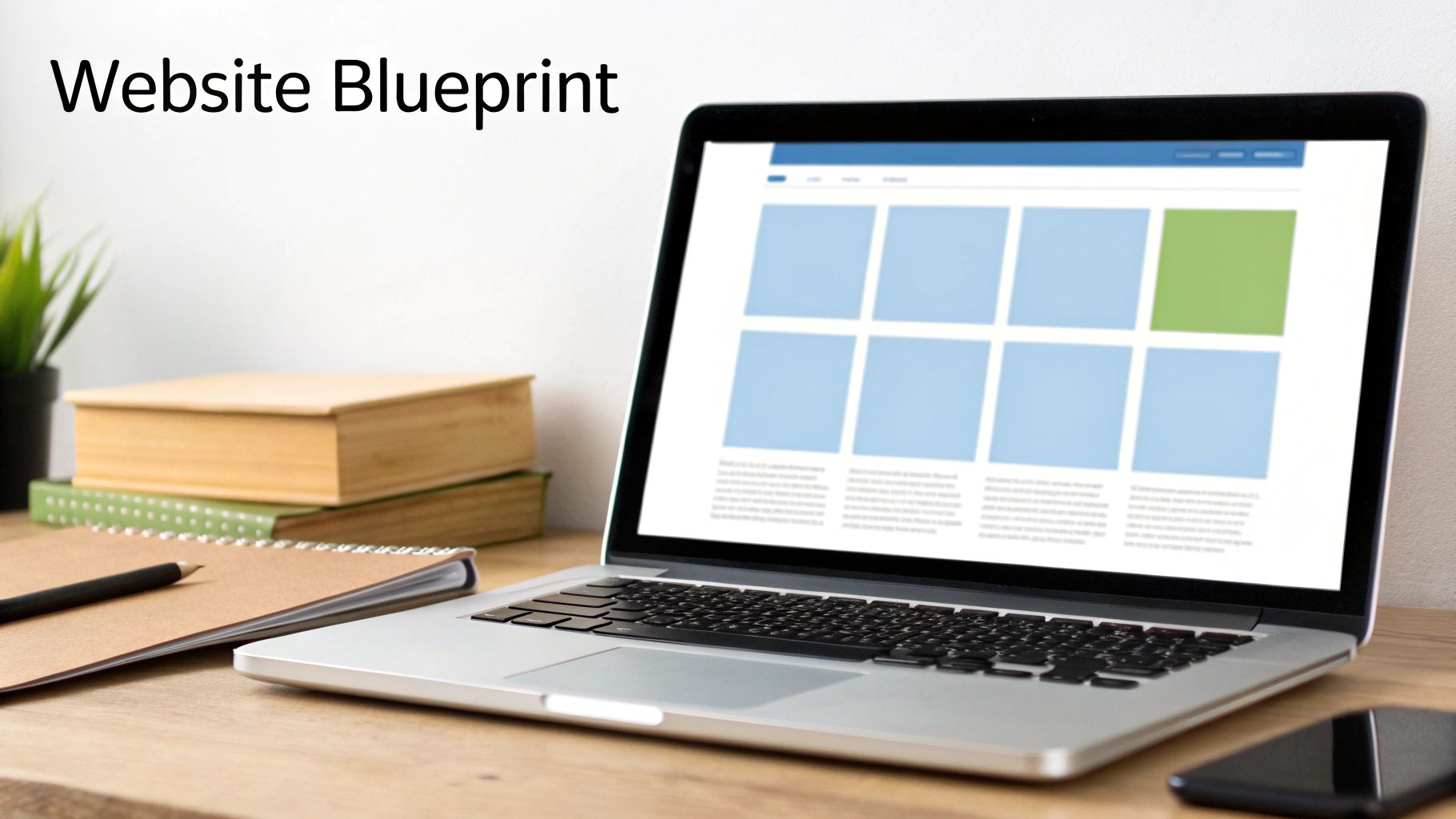 Laptop on wooden desk displaying a website blueprint with blue and green sections. Notebooks, pencil, and books are nearby. Text: Website Blueprint.