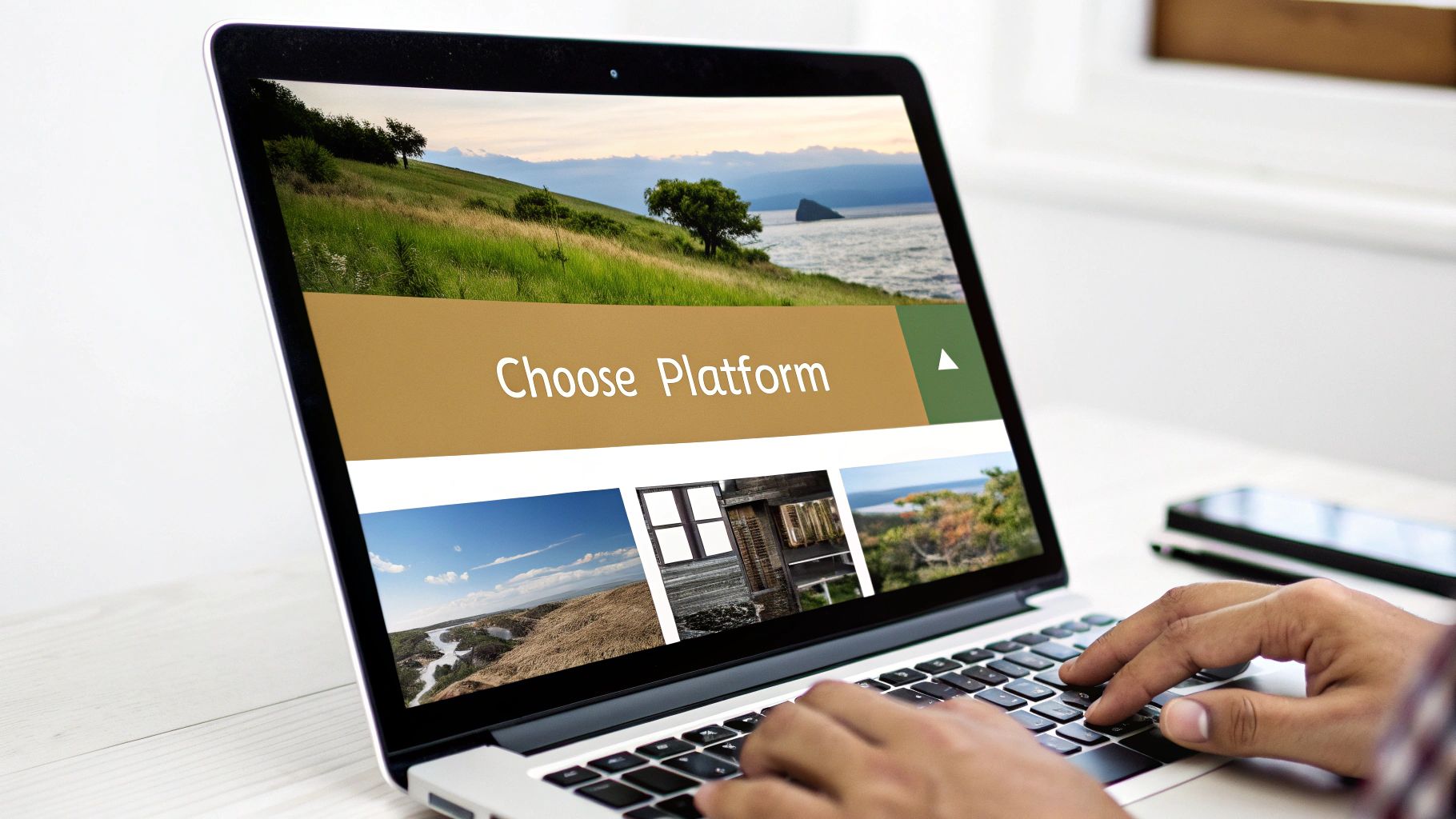 Hands typing on a laptop displaying a website with "Choose Platform" text. The screen shows landscape images in a serene setting.