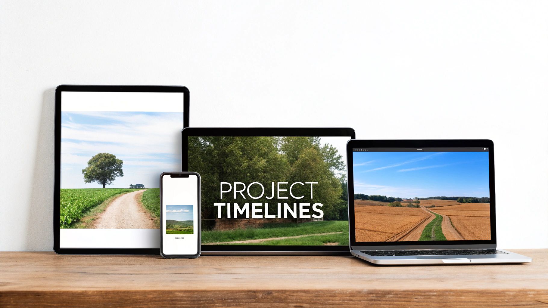 Multiple digital devices on a wooden table display nature scenes and 'PROJECT TIMELINES' text.