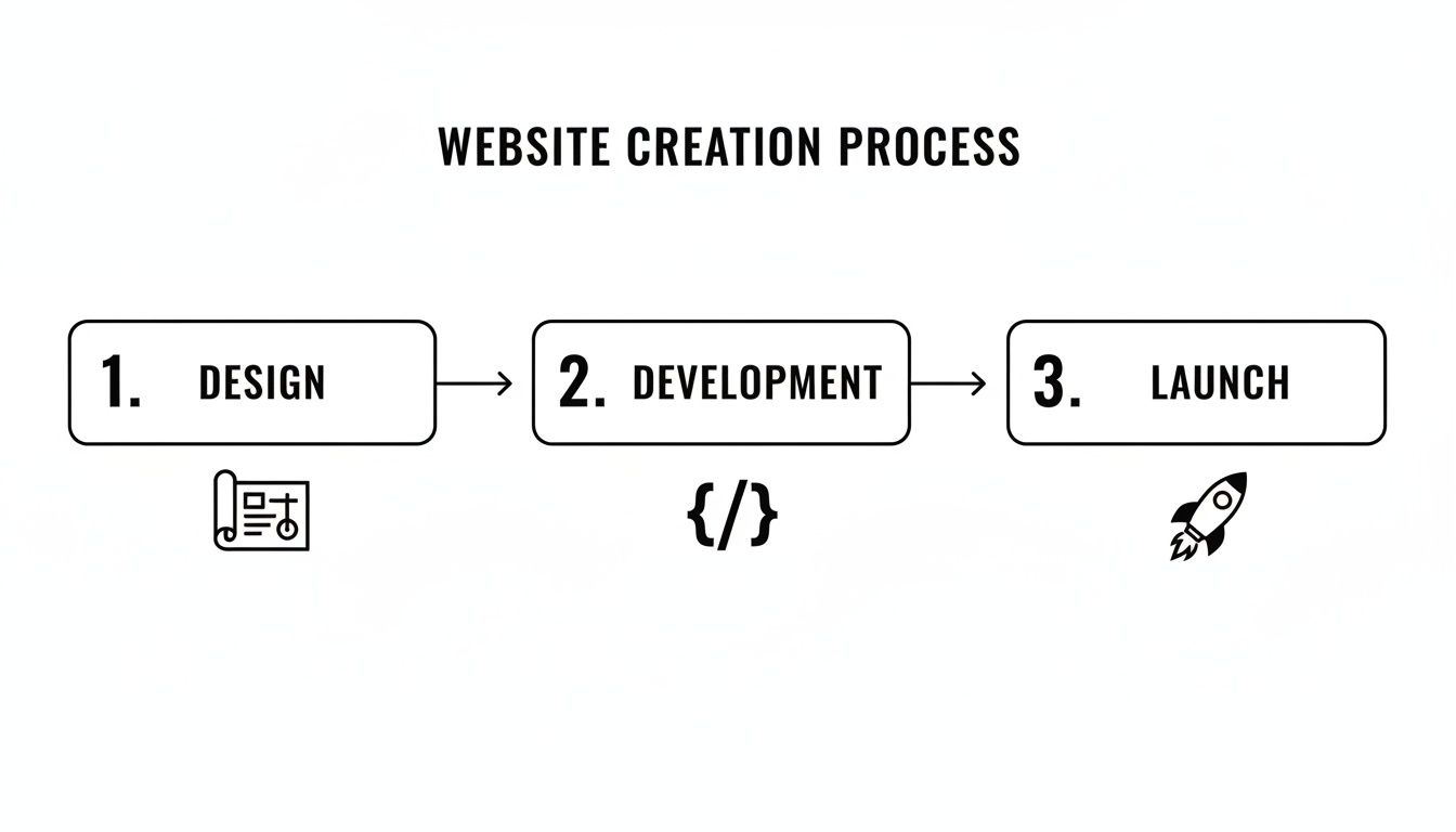 A clear flowchart outlining the three steps of the website creation process: design, development, and launch.