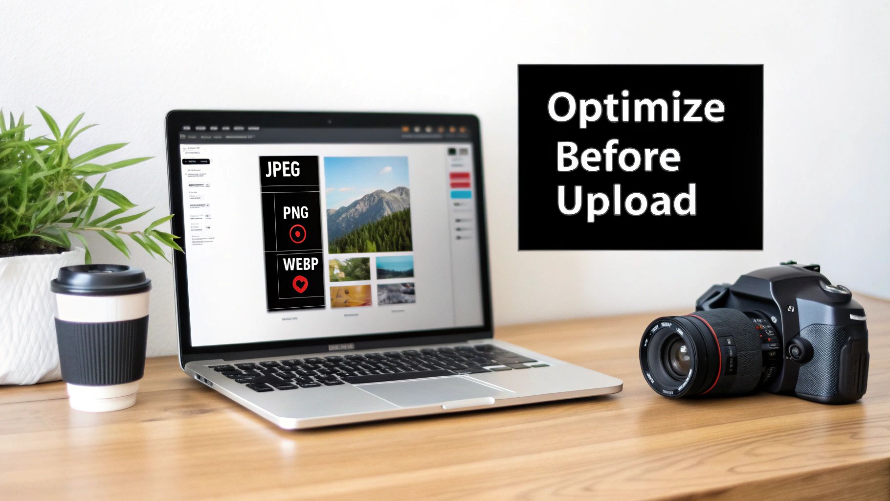 A laptop displays image optimization options (JPEG, PNG, WEBP) on a desk with a camera and coffee cup, emphasizing 'Optimize Before Upload'.