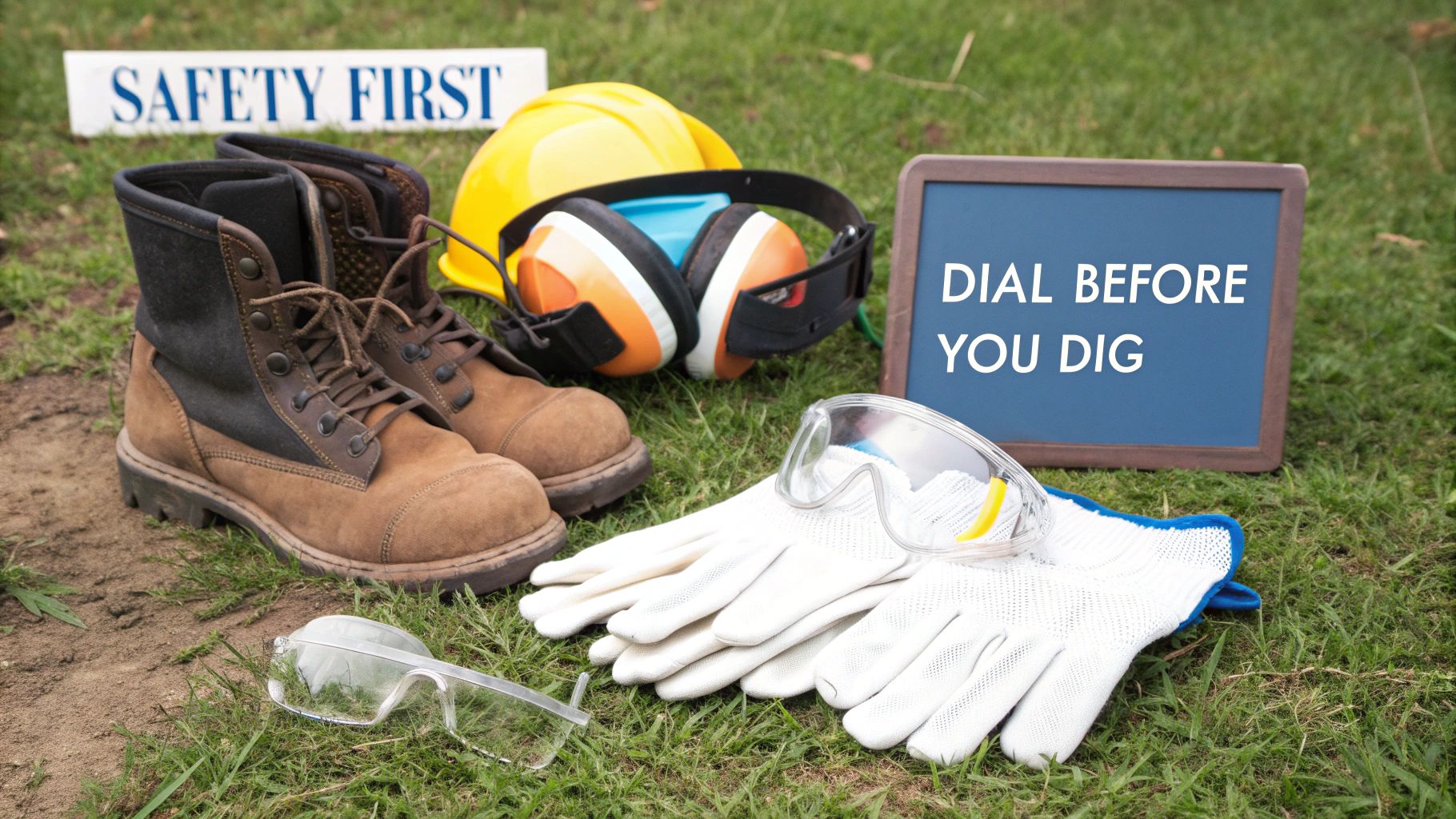Construction safety gear: work boots, hard hat, ear protection, gloves, and safety glasses on grass with signs.