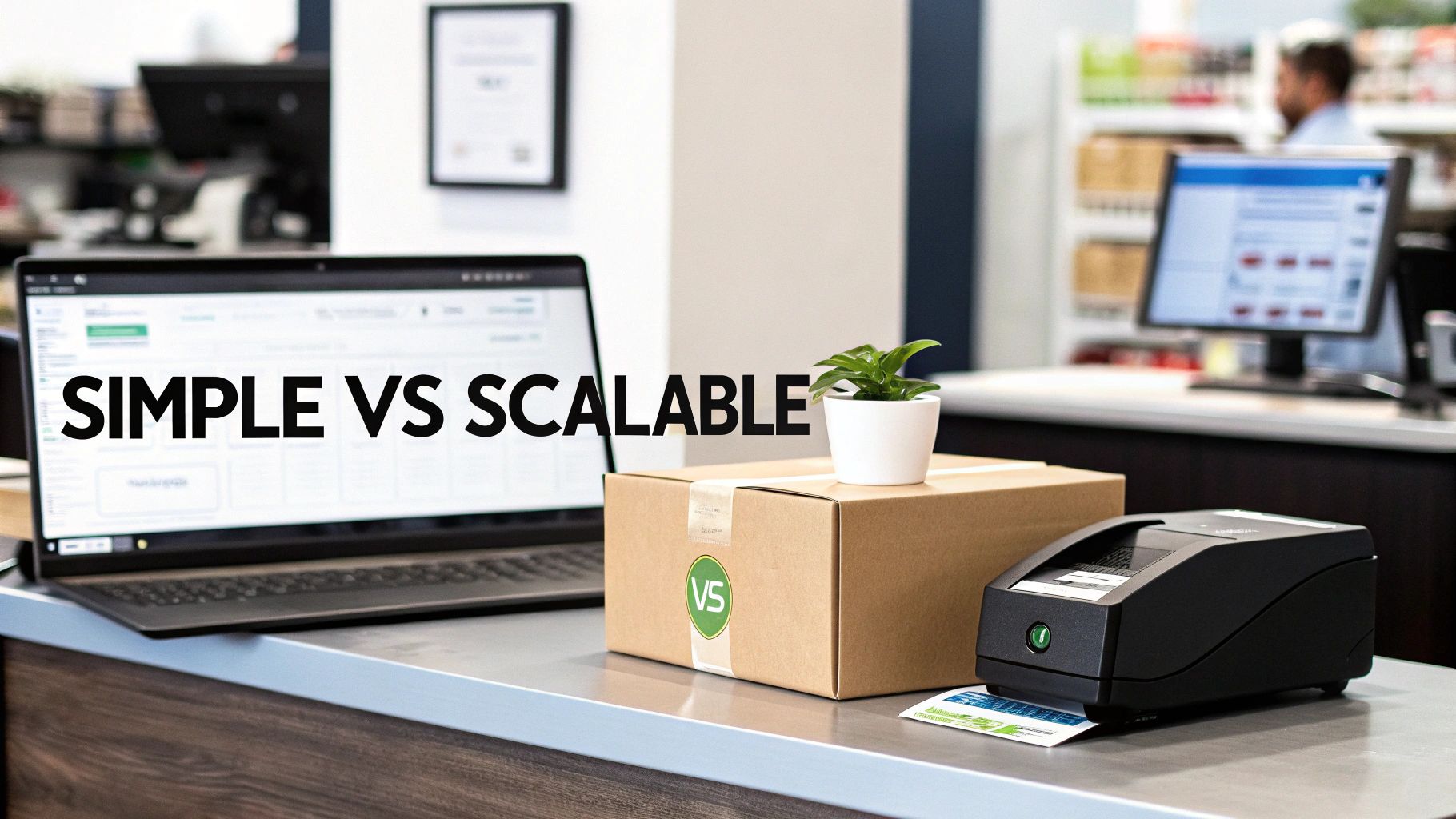 E-commerce shipping station with a laptop, label printer, packaged box, and 'SIMPLE VS SCALABLE' text.