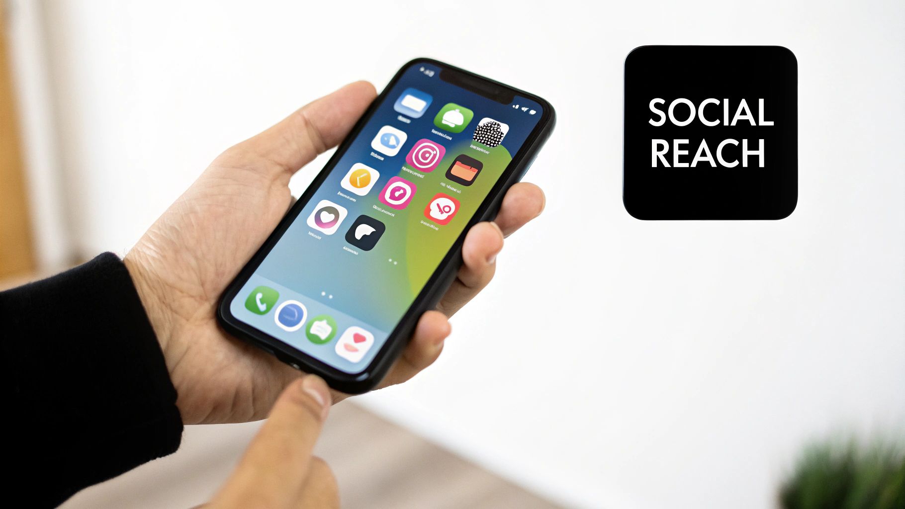 A person holds a smartphone showing various social media apps, with a 'SOCIAL REACH' text box.