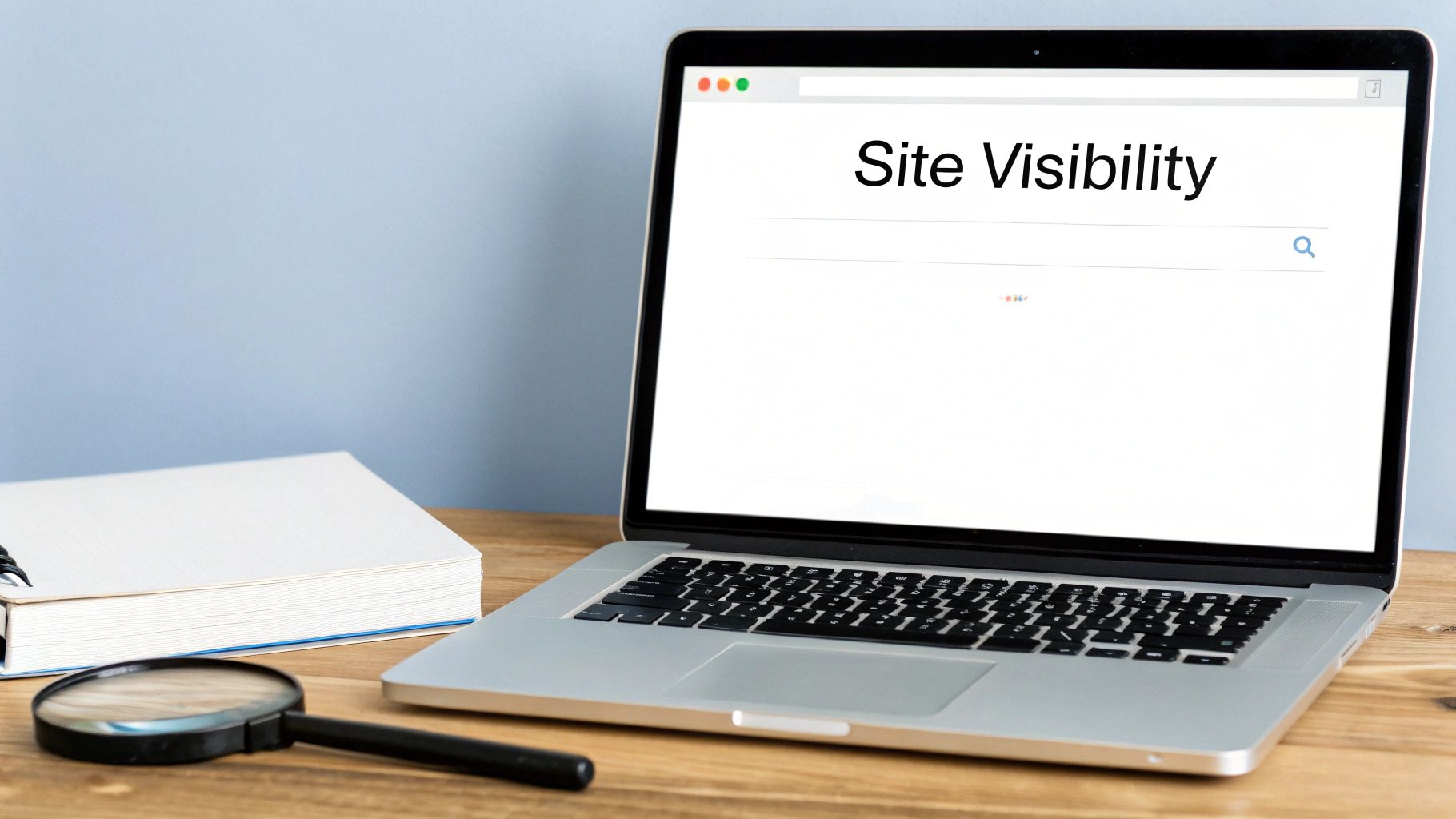 A laptop screen shows 'Site Visibility' in a search bar, with a notebook and magnifying glass on a desk.