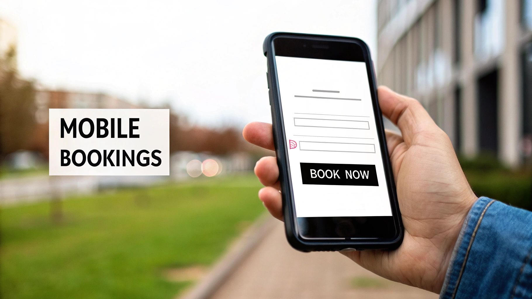 A hand holds a smartphone displaying a 'BOOK NOW' button, next to a 'MOBILE BOOKINGS' sign.