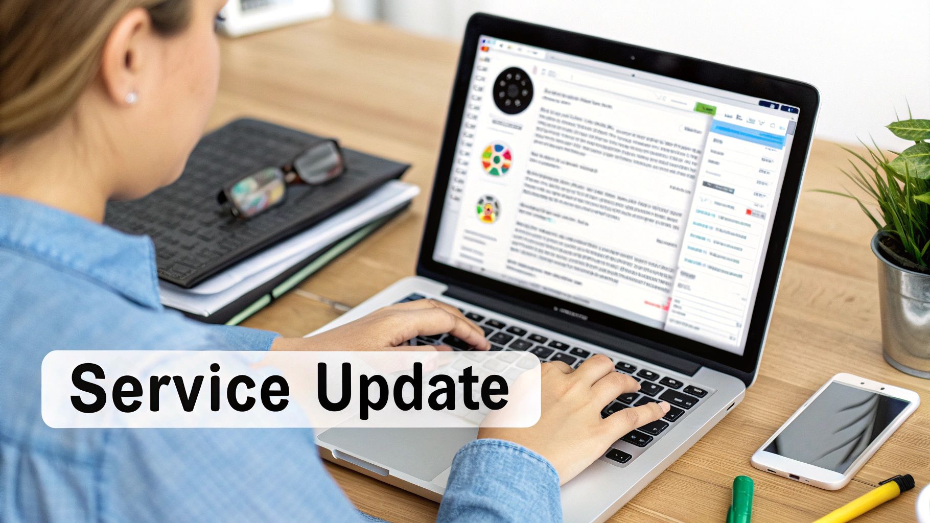 Person typing on a laptop with a 'Service Update' overlay, on a wooden desk with a phone and plant.