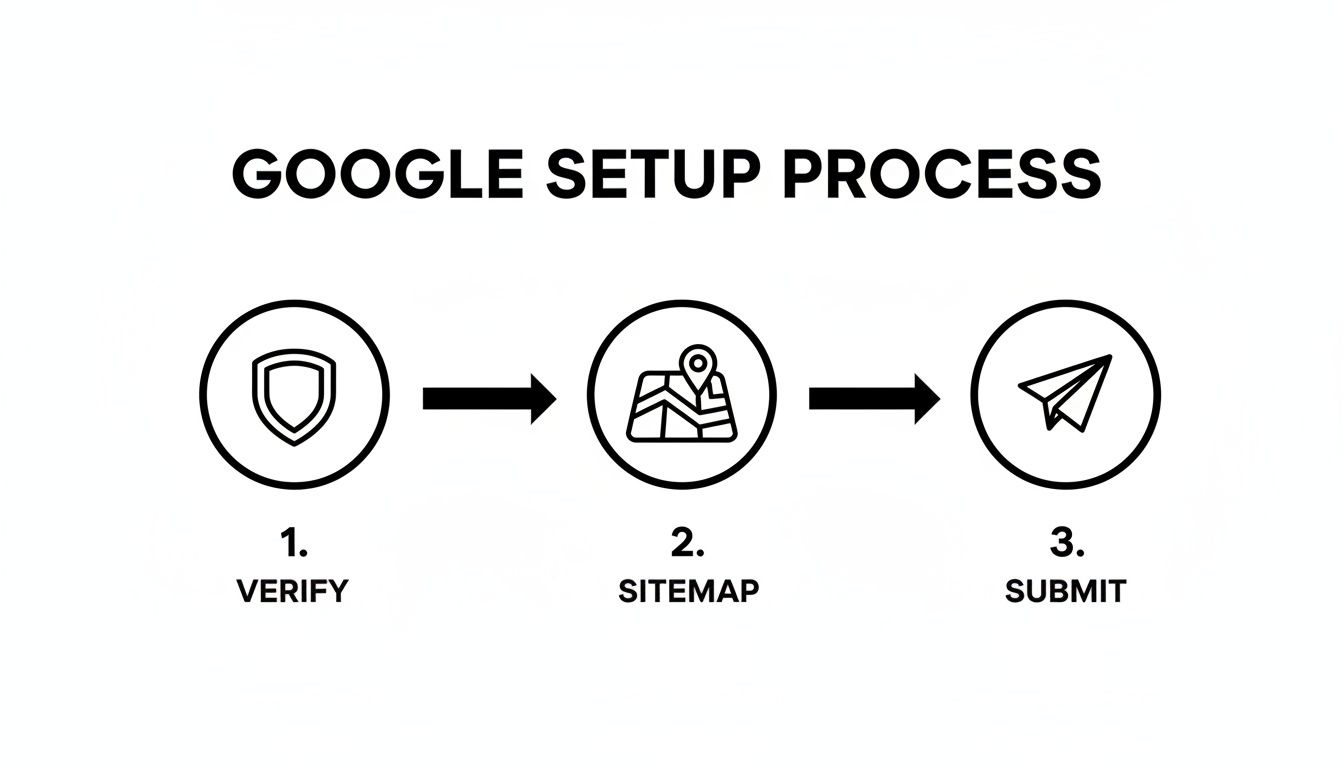 Diagram illustrating the Google setup process in three steps: Verify, Sitemap, and Submit.