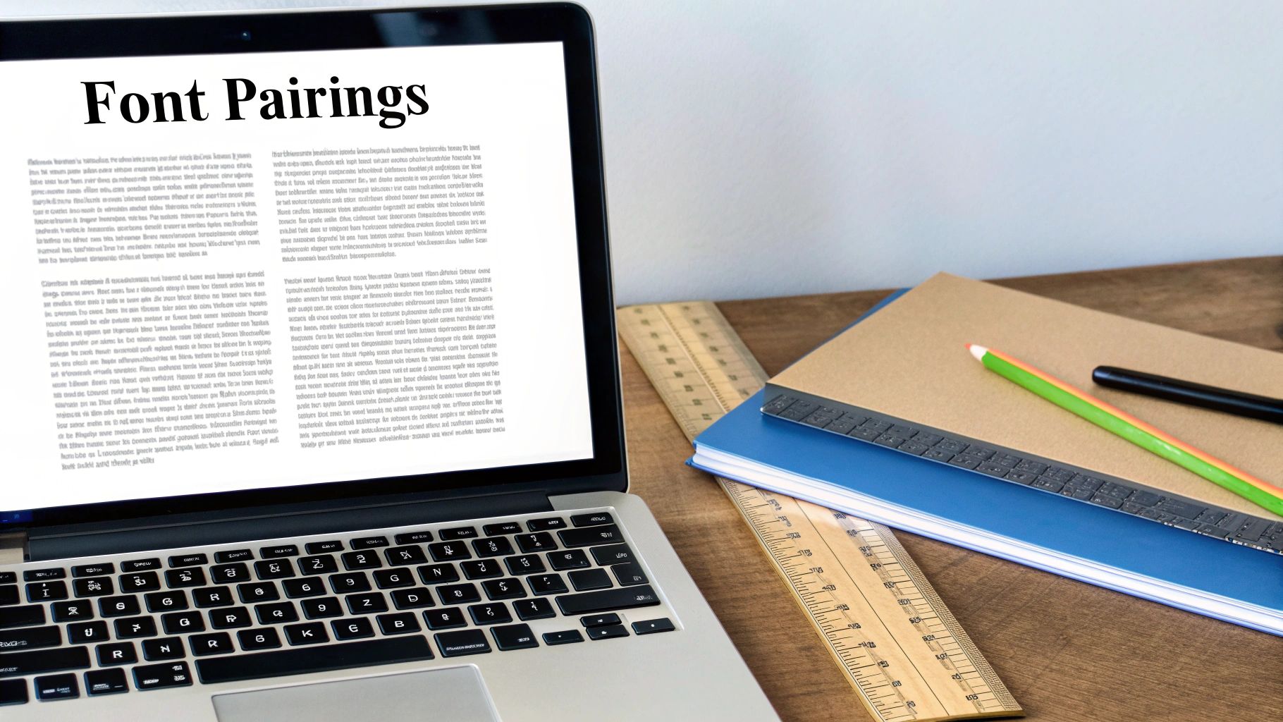 A laptop screen displays 'Font Pairings' with text, next to notebooks, rulers, and pencils on a wooden desk.