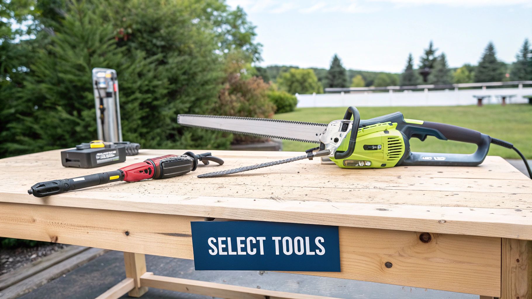 Tools on wooden table labeled "Select Tools": green electric saw, red and black hedge trimmer. Outdoor setting with green trees.