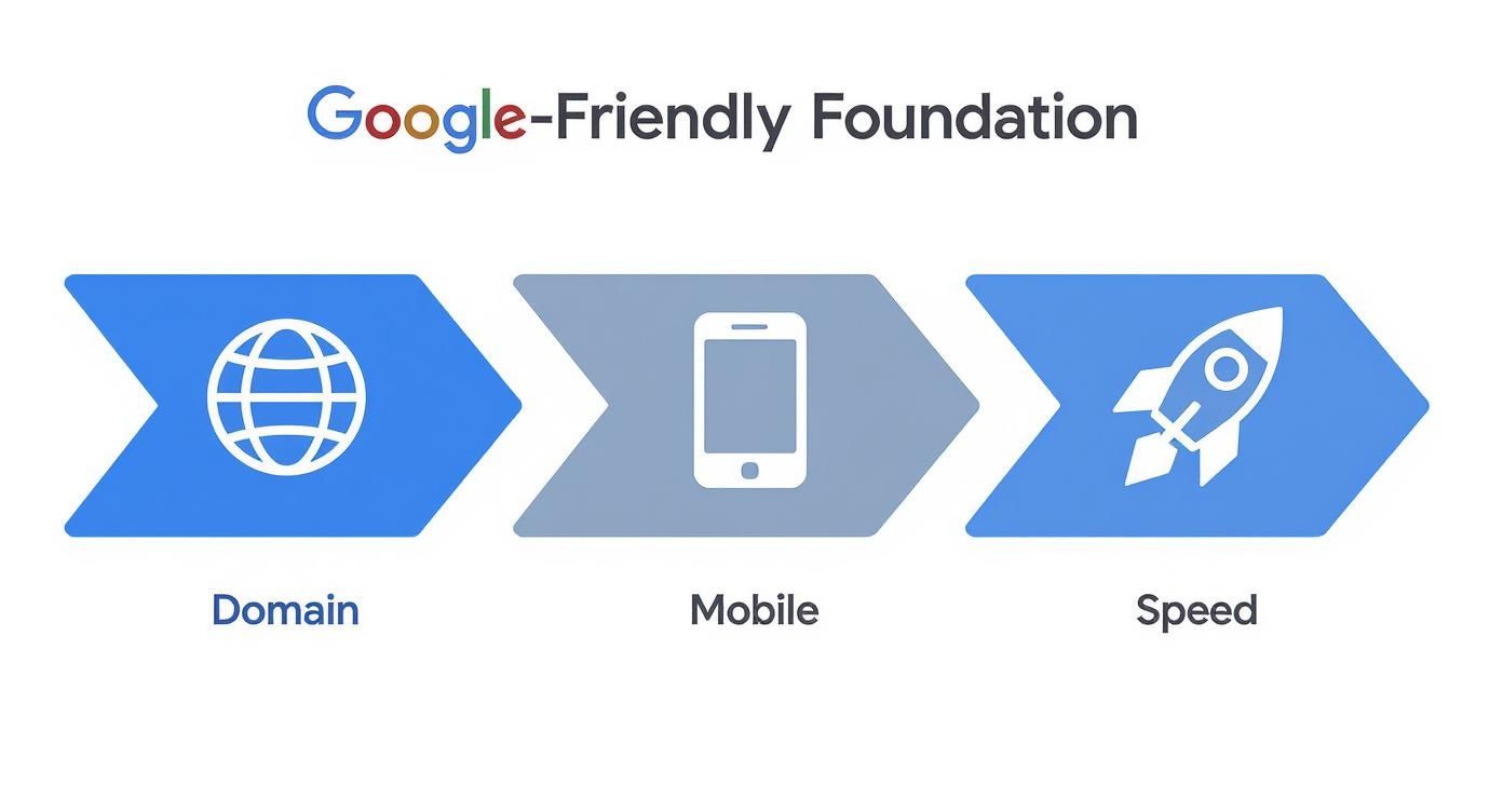 A visual guide to Google-Friendly Foundation: Domain, Mobile, and Speed elements for website optimization.