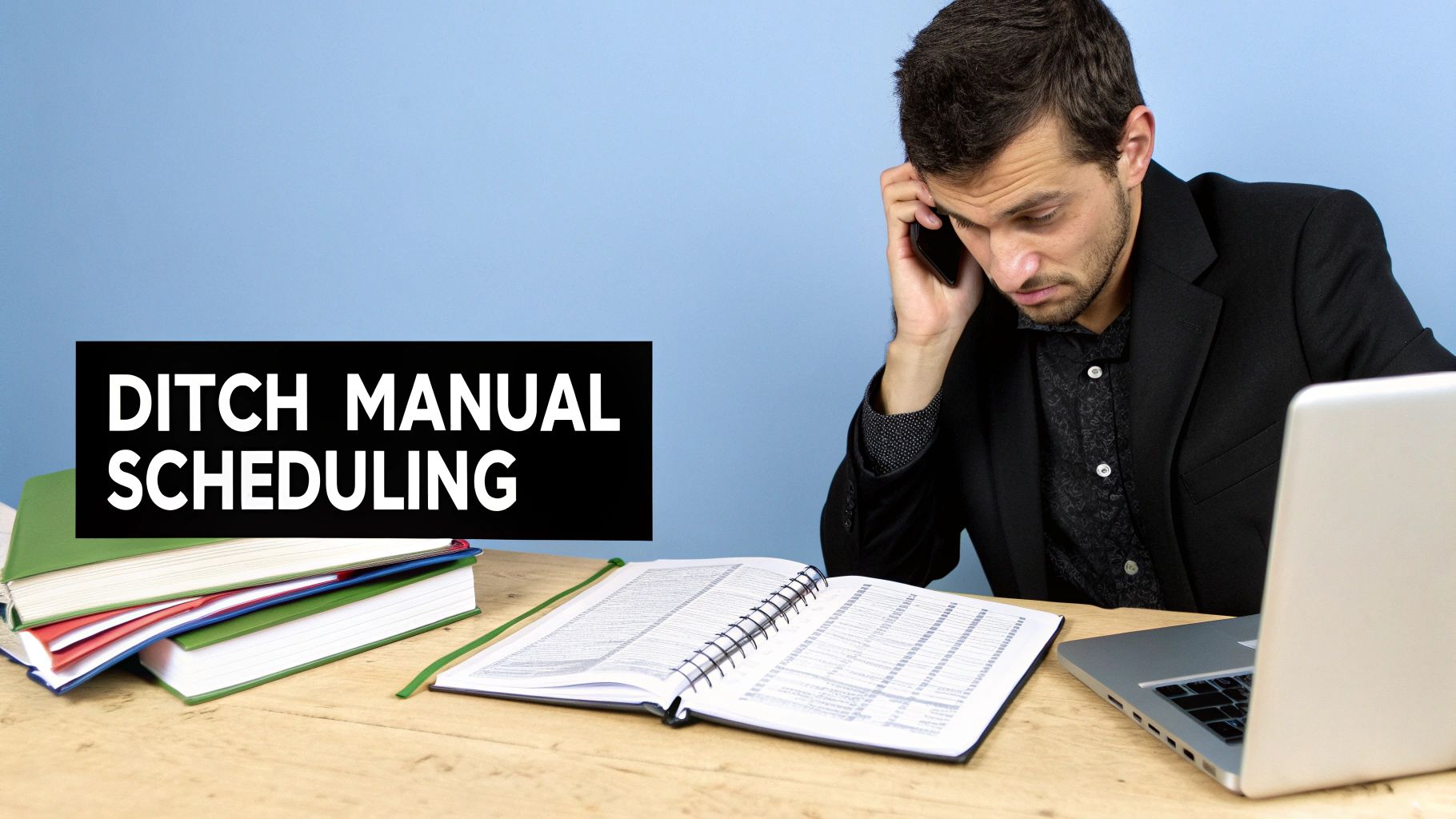 A stressed man on the phone, looking at an open ledger, with text 'DITCH MANUAL SCHEDULING'.