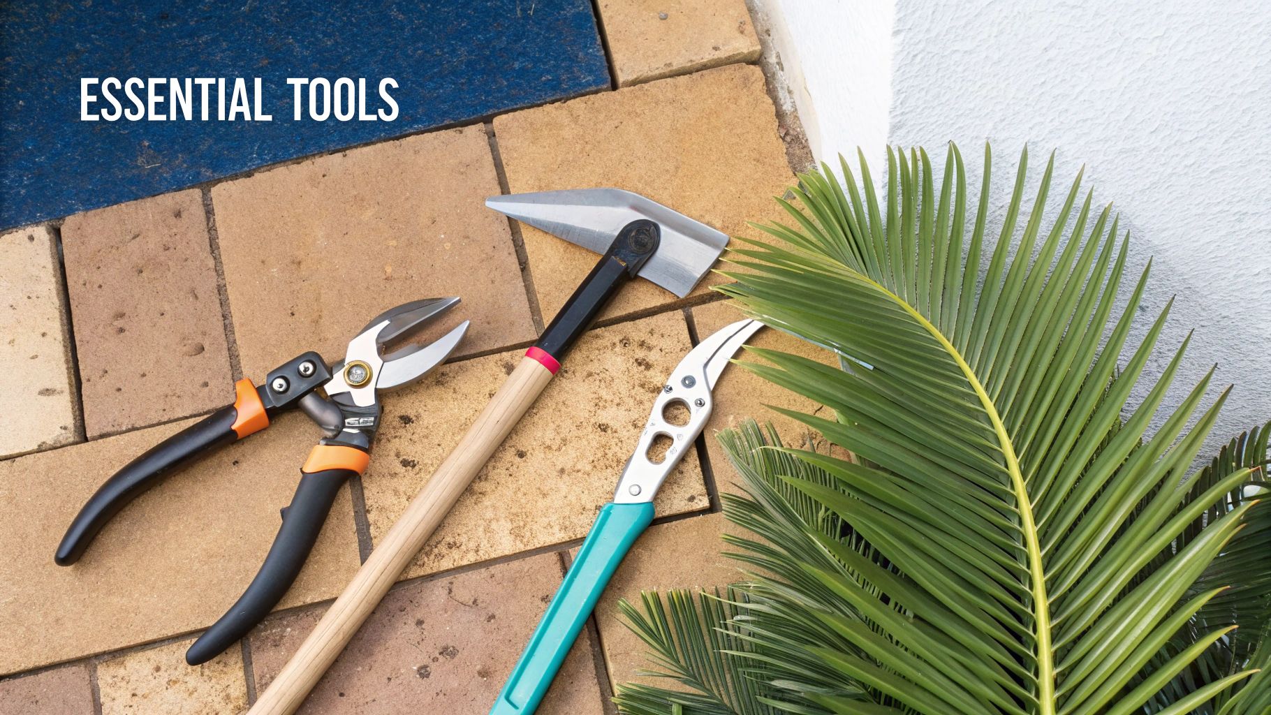 Garden tools on a tiled patio beside green foliage. Text reads "Essential Tools." Tools include shears and a hoe. Blue and tan tiles.