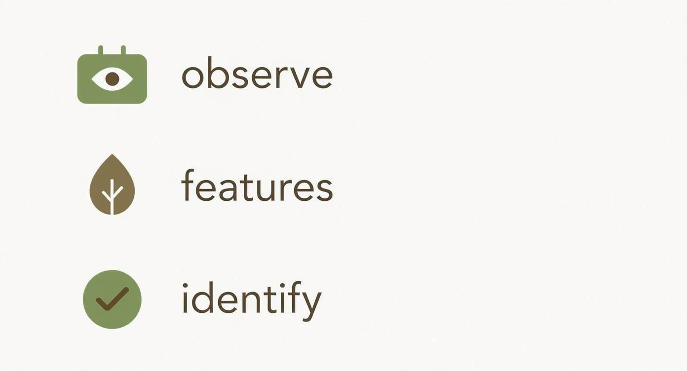 Three icons showing observe, features, and identify steps for tree identification process in nature