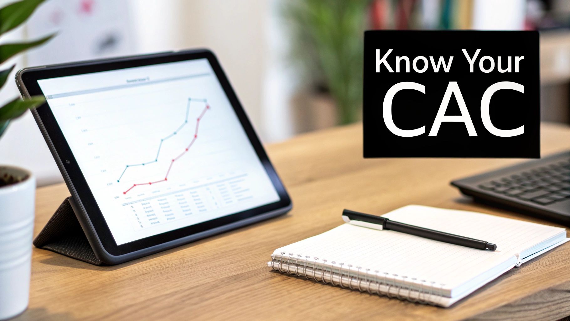 A tablet displaying a business graph, a notebook, and a 'Know Your CAC' sign on a wooden desk.