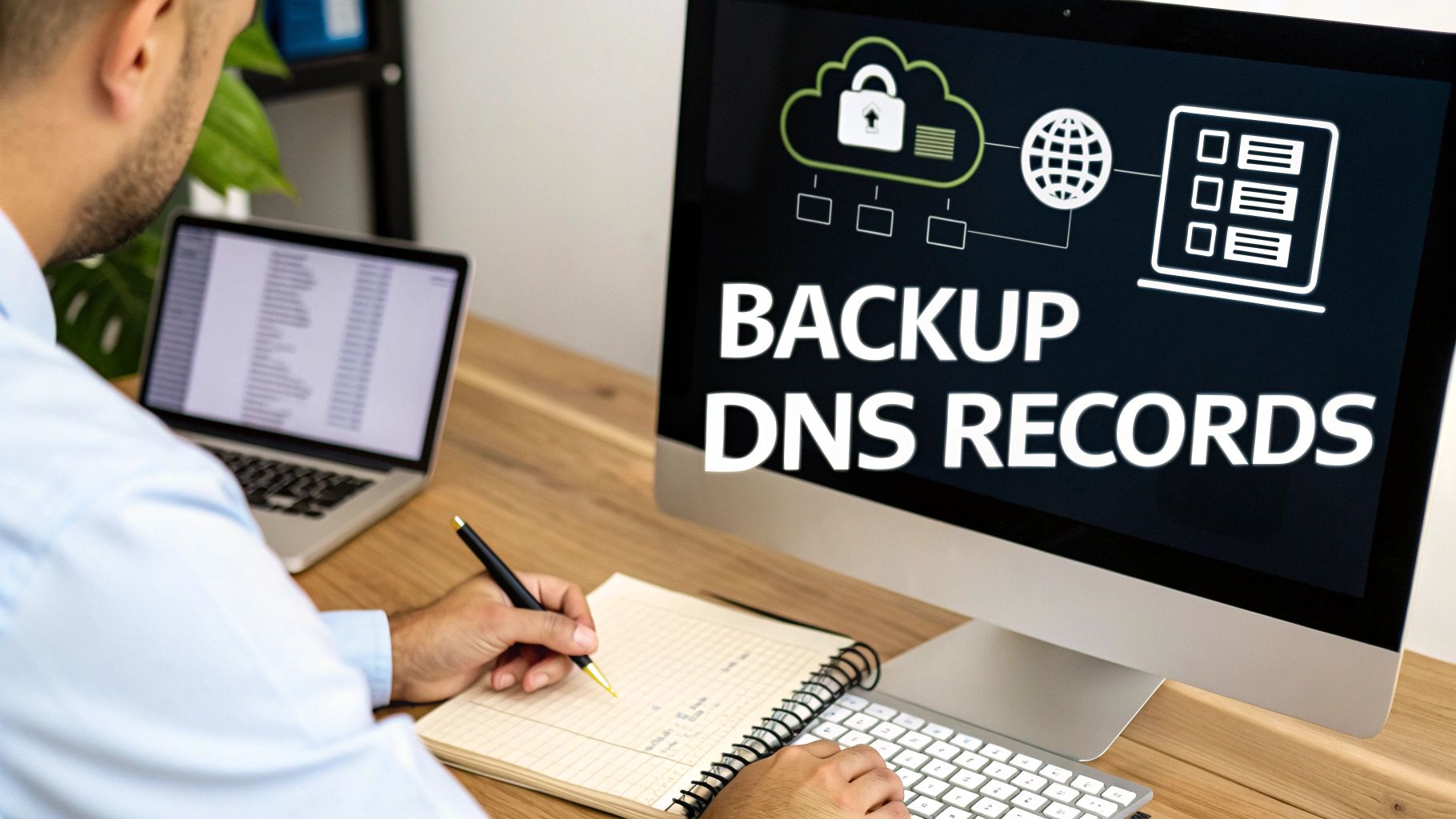 A man is working on a desktop computer showing 'BACKUP DNS RECORDS' and writing notes.