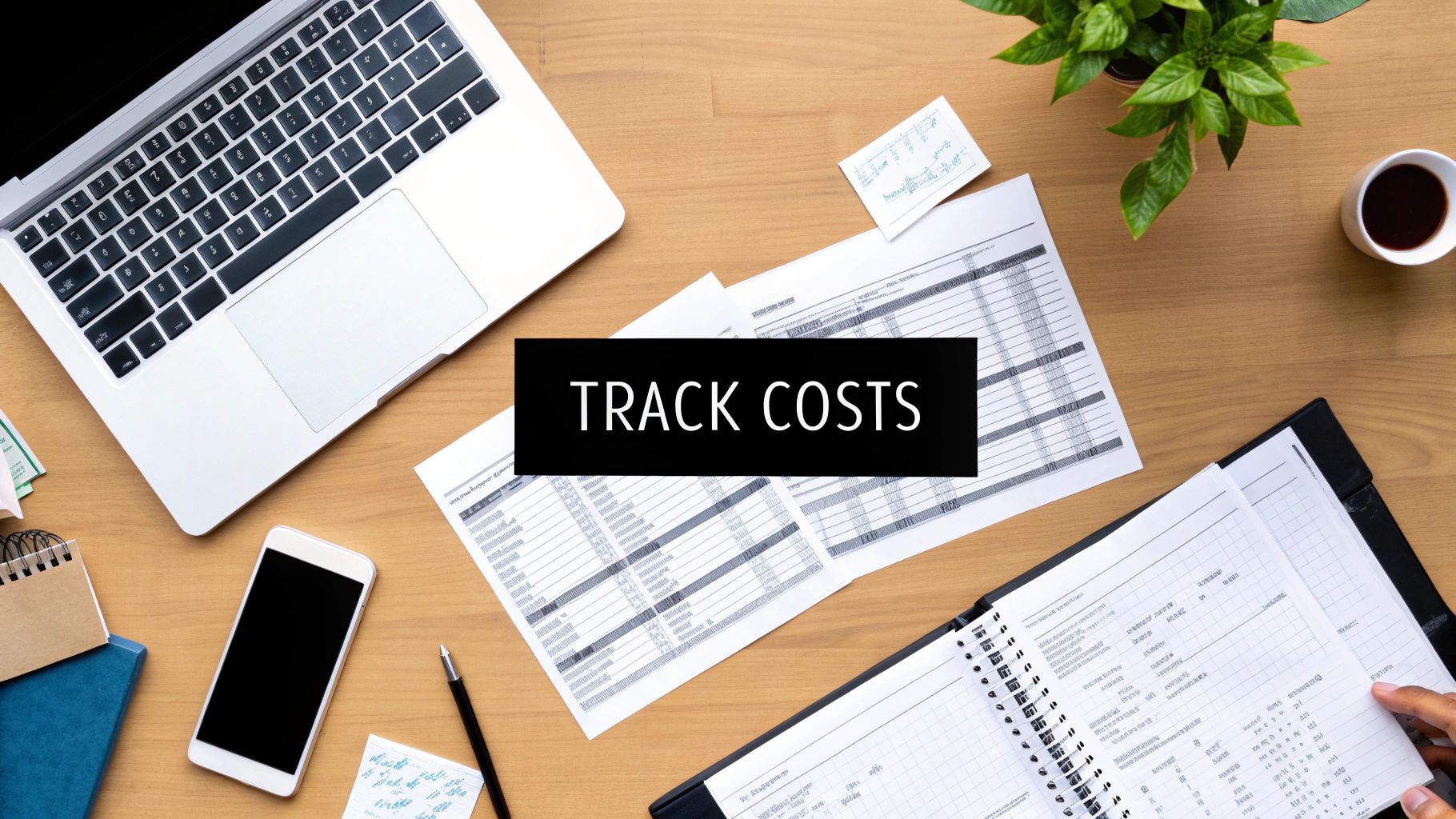 Business desk with laptop, spreadsheets, and track costs text for financial management and budgeting