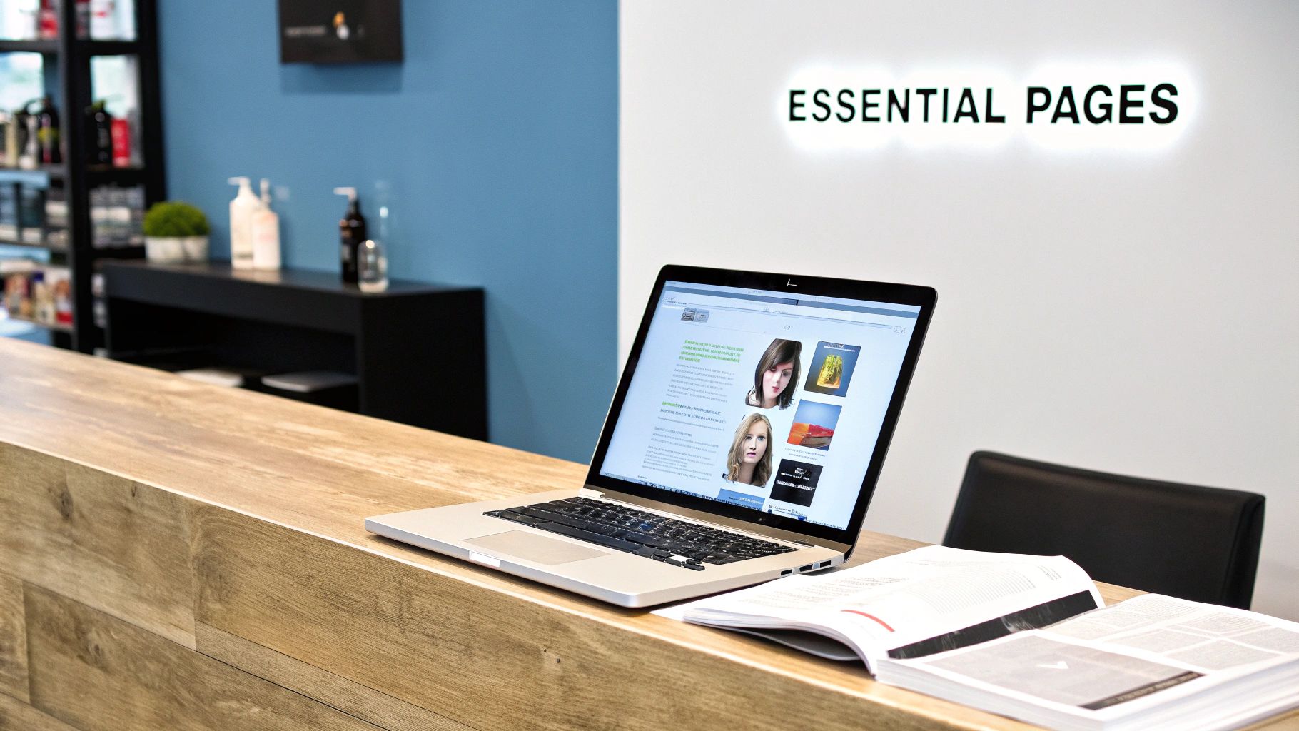 Laptop on a wooden counter showcasing a website, alongside open magazines, in a stylish office or salon.