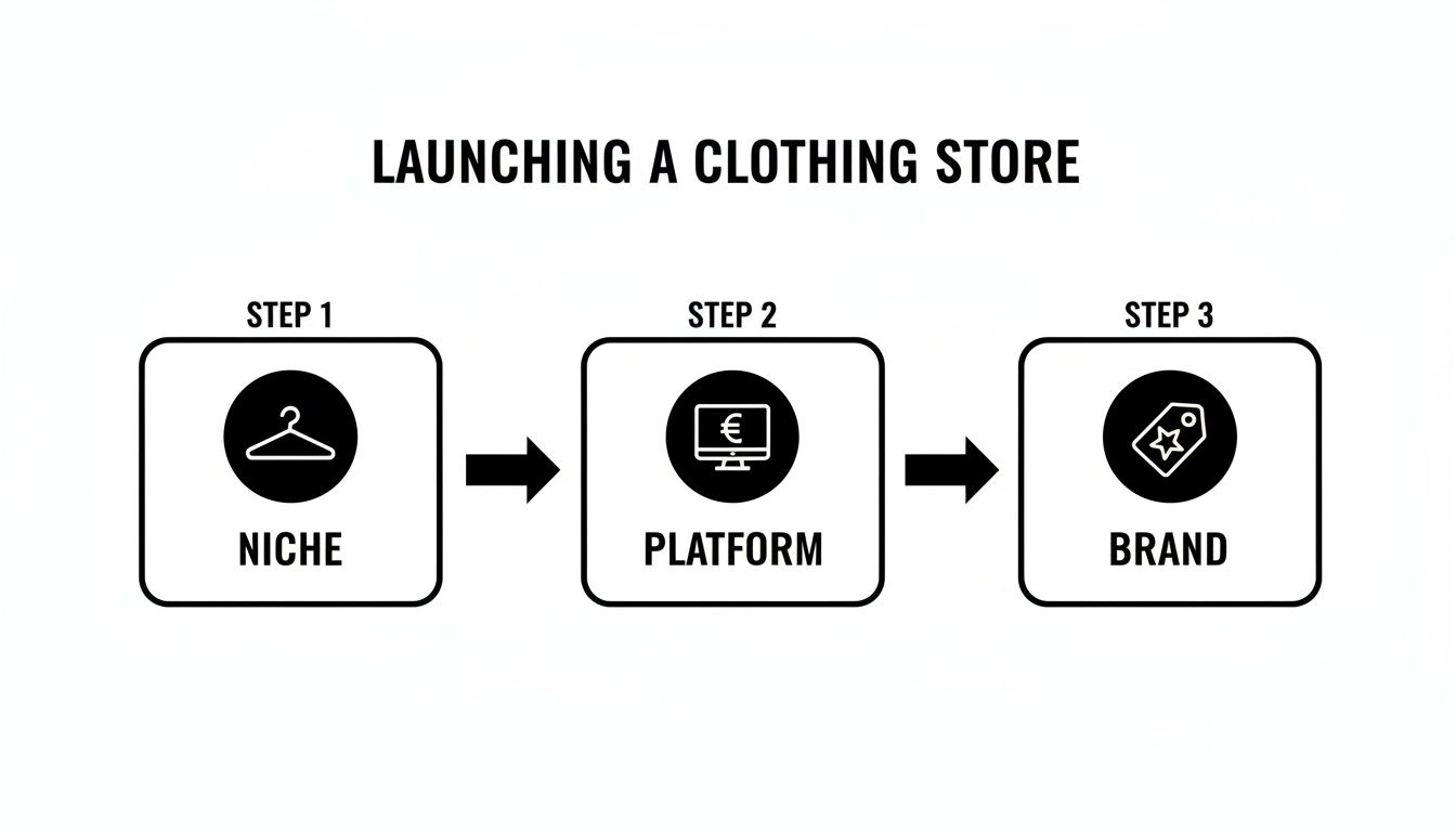 Infographic illustrating three steps to launching a clothing store: Niche, Platform, and Brand.
