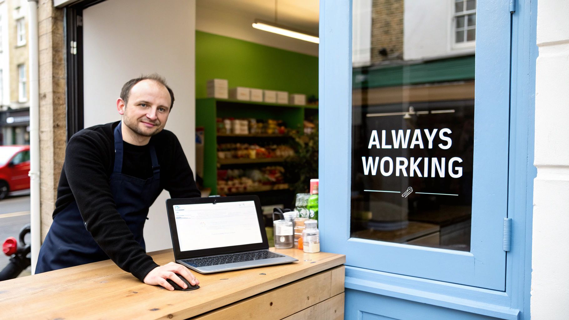 A smiling small business owner in an apron works on a laptop at his counter.
