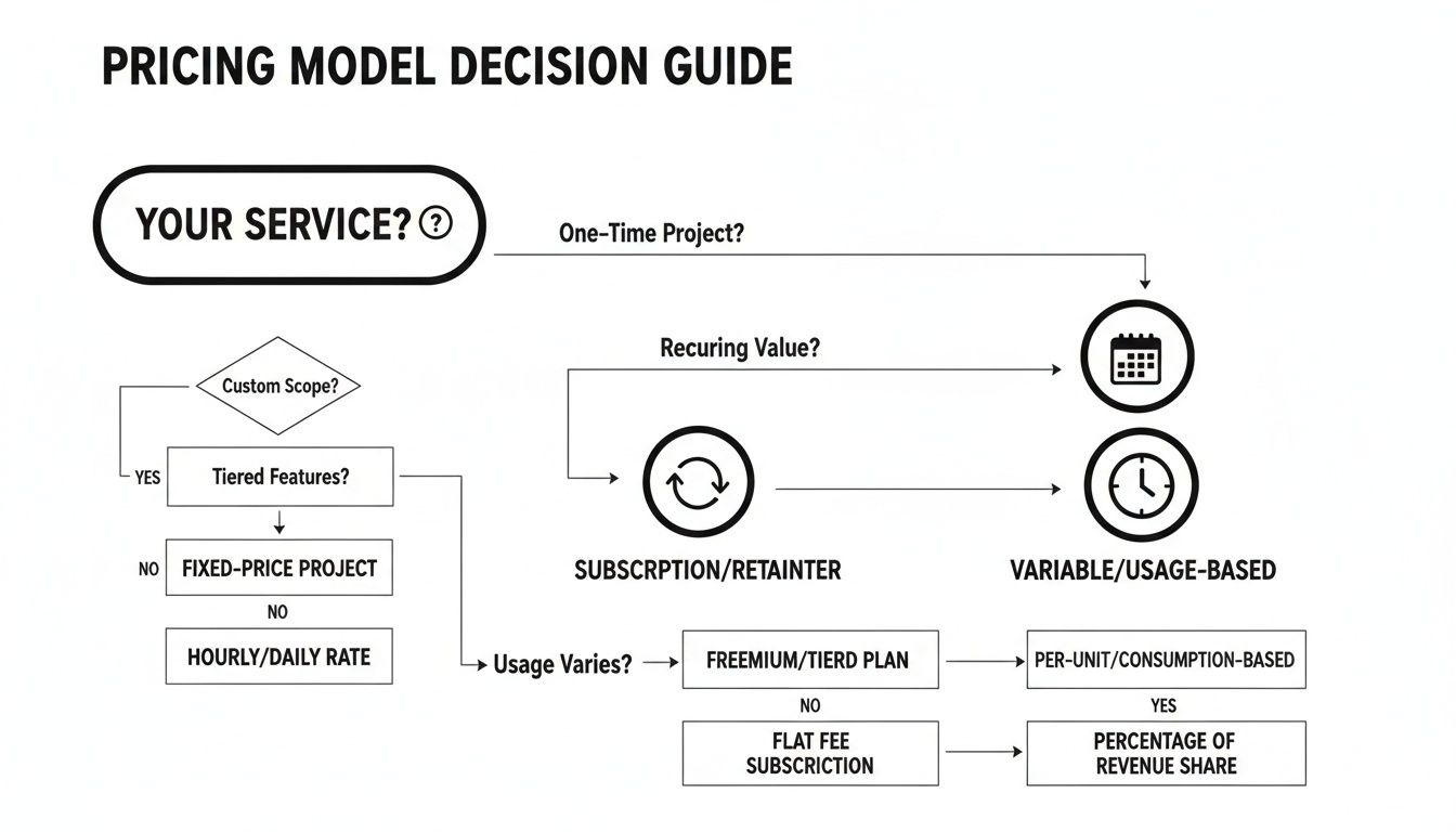 A flowchart outlining a pricing model decision guide for various service types and business models.