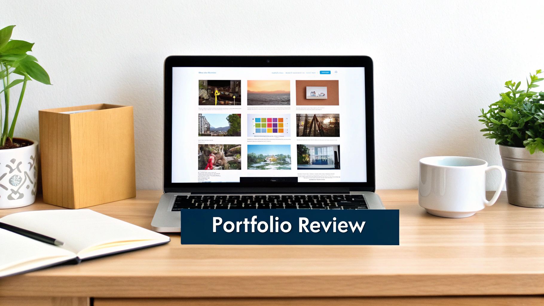 Laptop displaying portfolio images on a desk with plants, notebook, and mug. Text "Portfolio Review" overlay on screen. Minimalist setting.