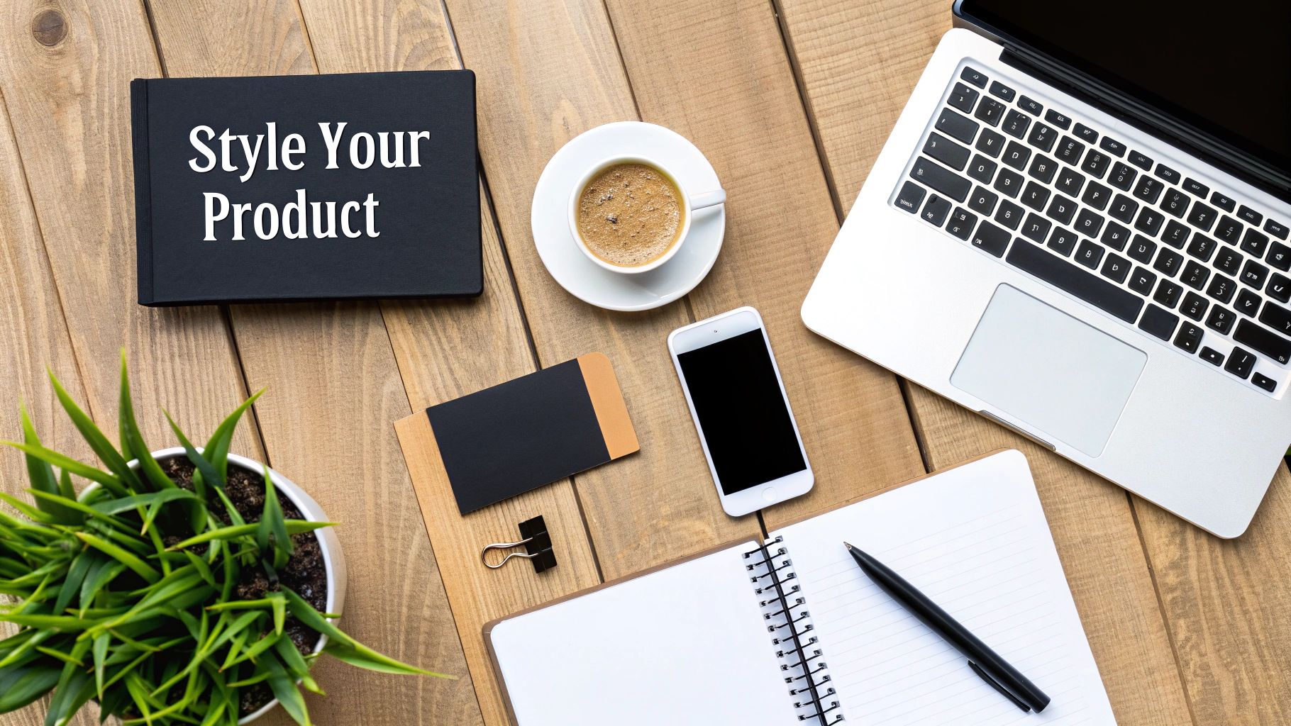 Styled product photography workspace with laptop, coffee, smartphone, notebook and black business card on wooden desk