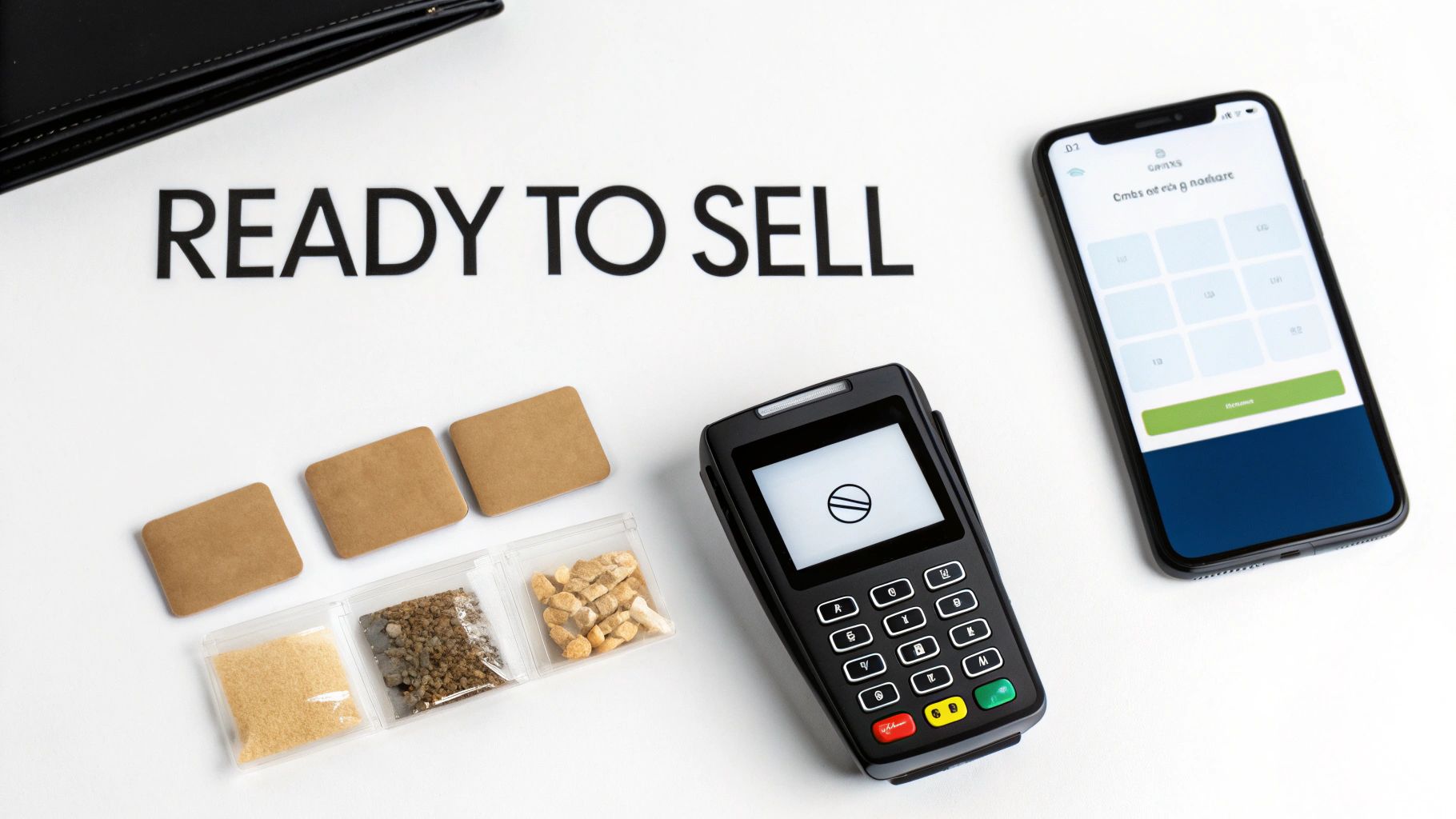 A 'READY TO SELL' setup with product samples, a POS terminal, and a smartphone displaying a sales app.