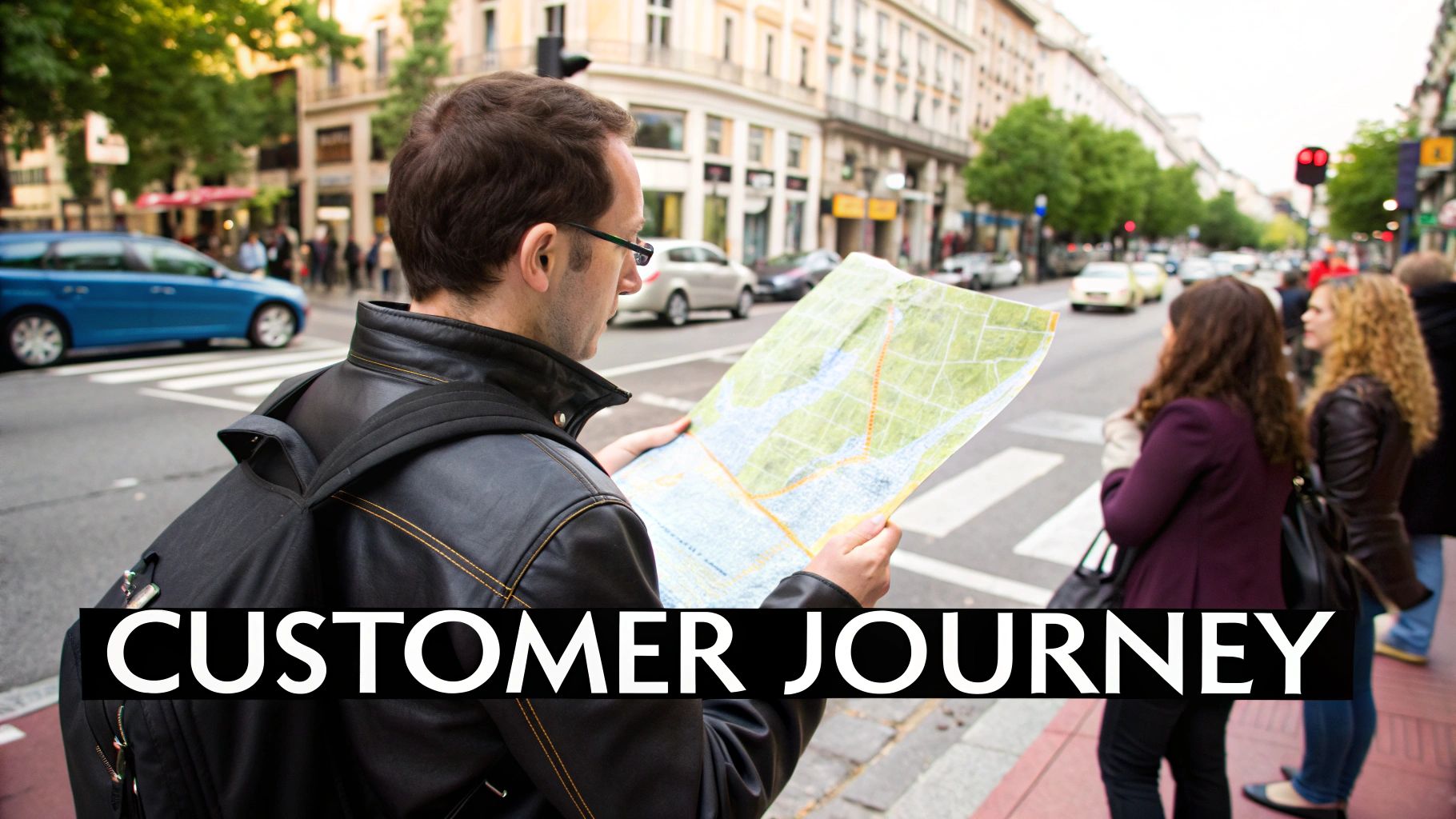 Man holds a map on a city street, standing by a crosswalk. Busy background, cars passing. Overlay text: "CUSTOMER JOURNEY".